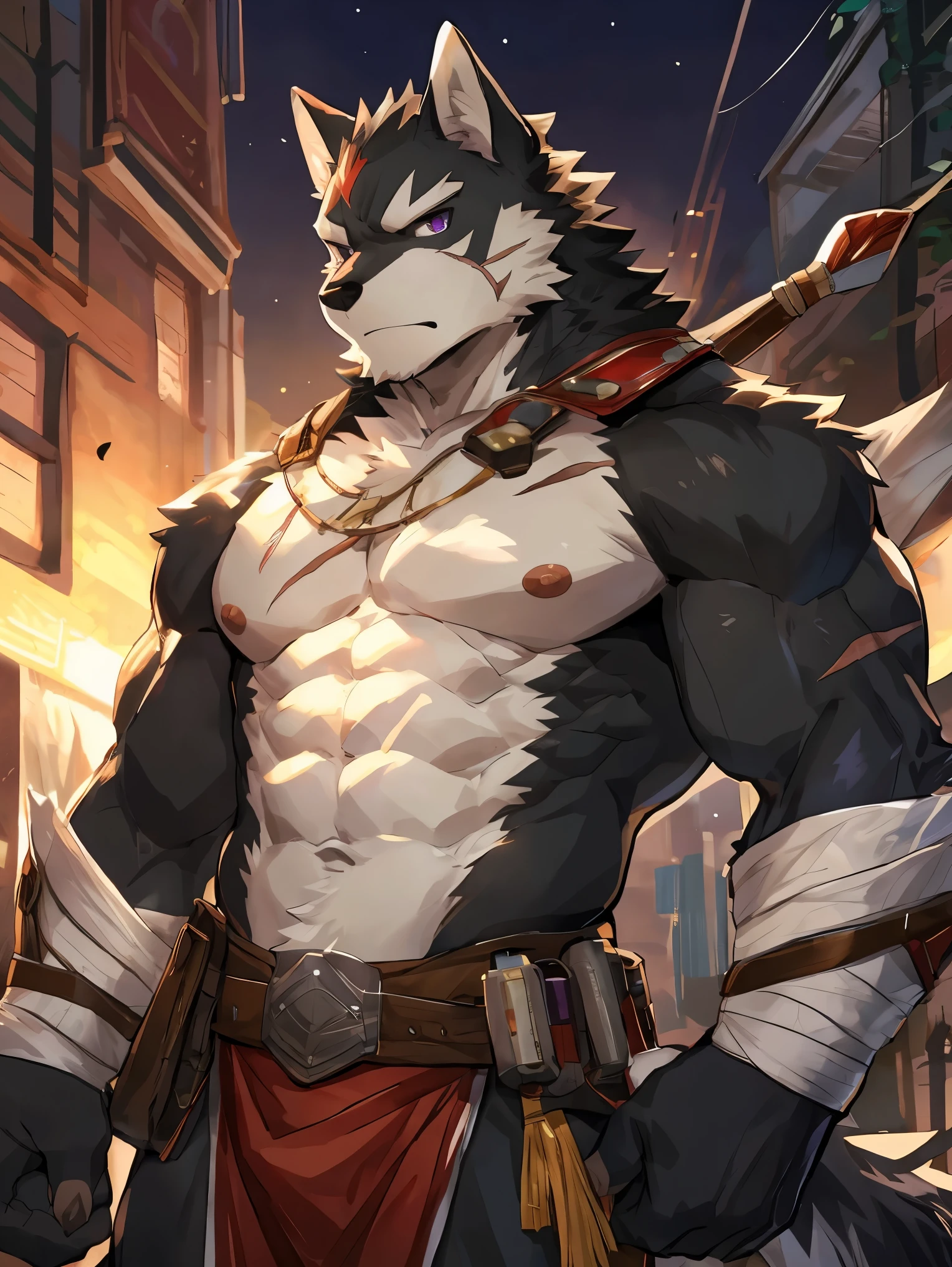 solo, anthro, furry, furry male, wolf, old looking male, mature adult, ((fluffy fur, fluffy, furry body)), (wolf print), golden eyes, hair tuft, short hair, (dark gray body, black body, muscles), wolf tail, ((black hair)), (gray muzzle, white forearms), detailed fluffy fur, detailed face, very scarred body, mature male, old man, detailed eyes, naked, (full body, very muscular, scarred body, shaggy fur, old scars,muscular body, tall, silver key necklace around neck, silver key necklace), medieval fantasy, (by DRKS, by raccoon21, by Sollyz, by null-ghost, masterpiece, high quality,hi res,8k hd), close-view portrait, looking at viewer, night, indoors, stern face, closed mouth, teeth, detailed teeth, frowning expression, standing in a noble room, Noble Clothing, Fancy black and red clothing, pale moonlight Room Lighting, Heavy Shadows, Window, Top Down View, black marble room, noble estate room, noble clothing,
