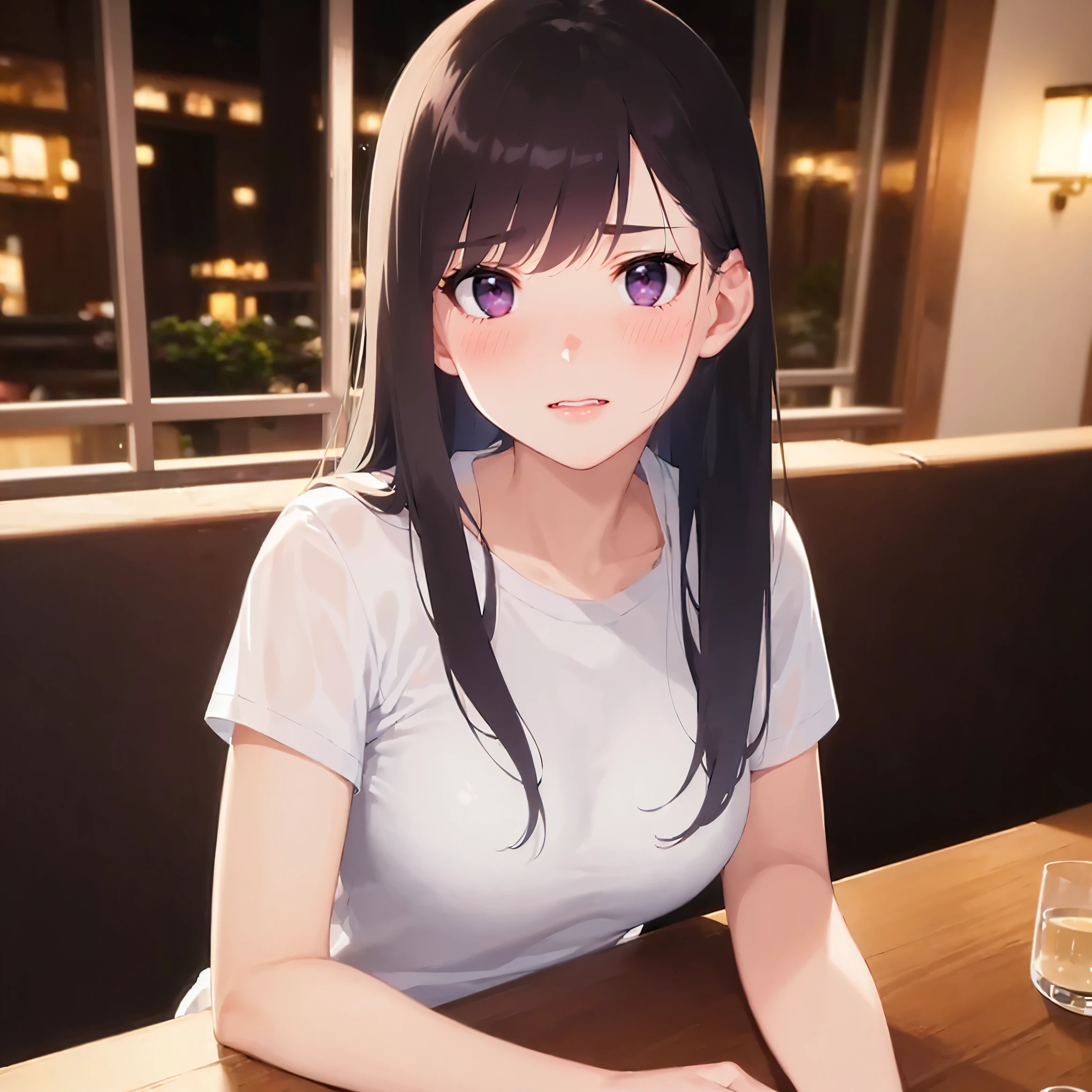 side angle, smile ,open mouth、(looking away:1.5), Upper Body, Realistic, real person, (pale skin: 1.2), RAW photo, photorealistic, portrait photography, shiny skin, shiny hair、(A 25-year-old woman with straight hair and bangs) and (medium hair) and (black hair) and (purple eyes) , (white:1.5) and (T-Shirts) 、Cleavage、Alone、Are standing、The background is the living room