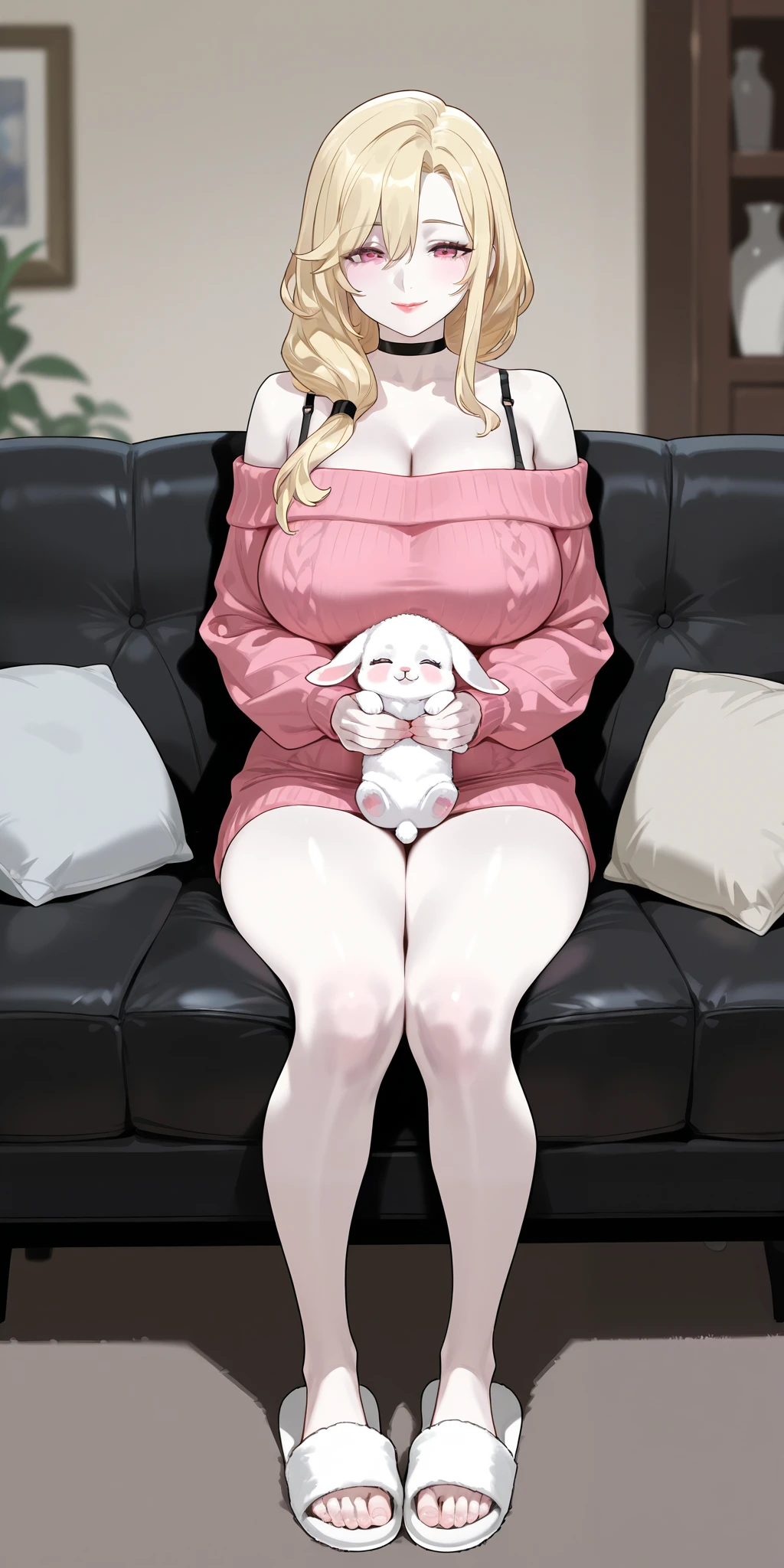 An extremely beautiful mature woman with blonde hair. She has extremely fair white pale skin, red plump lips, big pink eyes, and a perfect sexy curvy yet slim body. She's only wearing an off-shoulder tube woolen pink sweater, black bra straps over her shoulders, a black choker, and white slippers. She's sitting on the couch, with a beautiful smile, carrying her  in her arms, and the living room in the background. Show her full body.