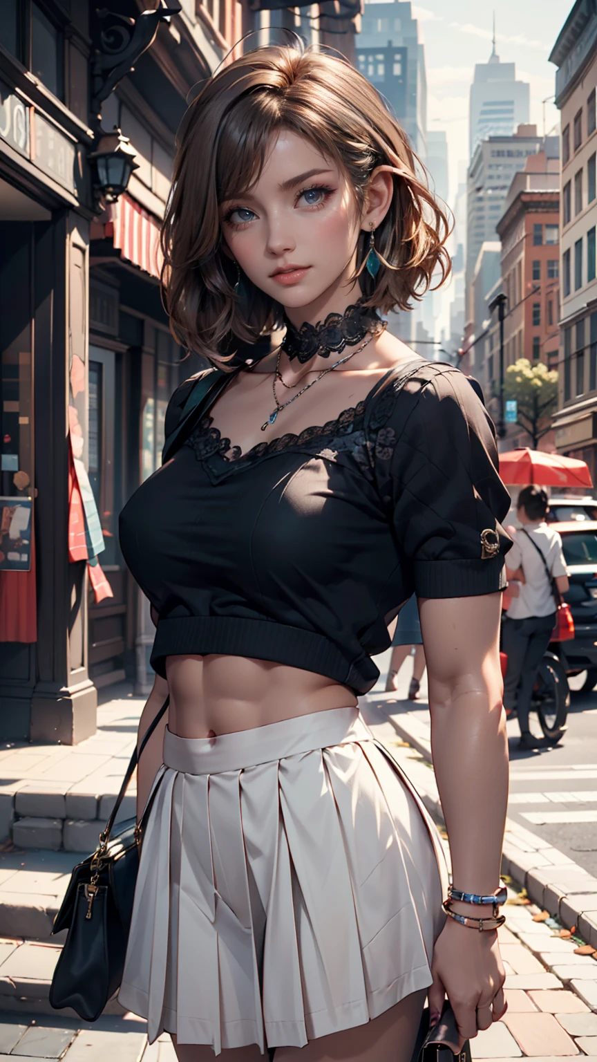 Beautiful Woman Photos, Playing with your cell phone in the middle of the street, [See through](Short lace camisole:1.47), Natural Breasts, Medium chest, (Tight waist, Perfect body curves), Earrings, Sharp focus, (Tall body, Adult female), ((avert your eyes)), (Skin with attention to detail, Skin pores:1.4)