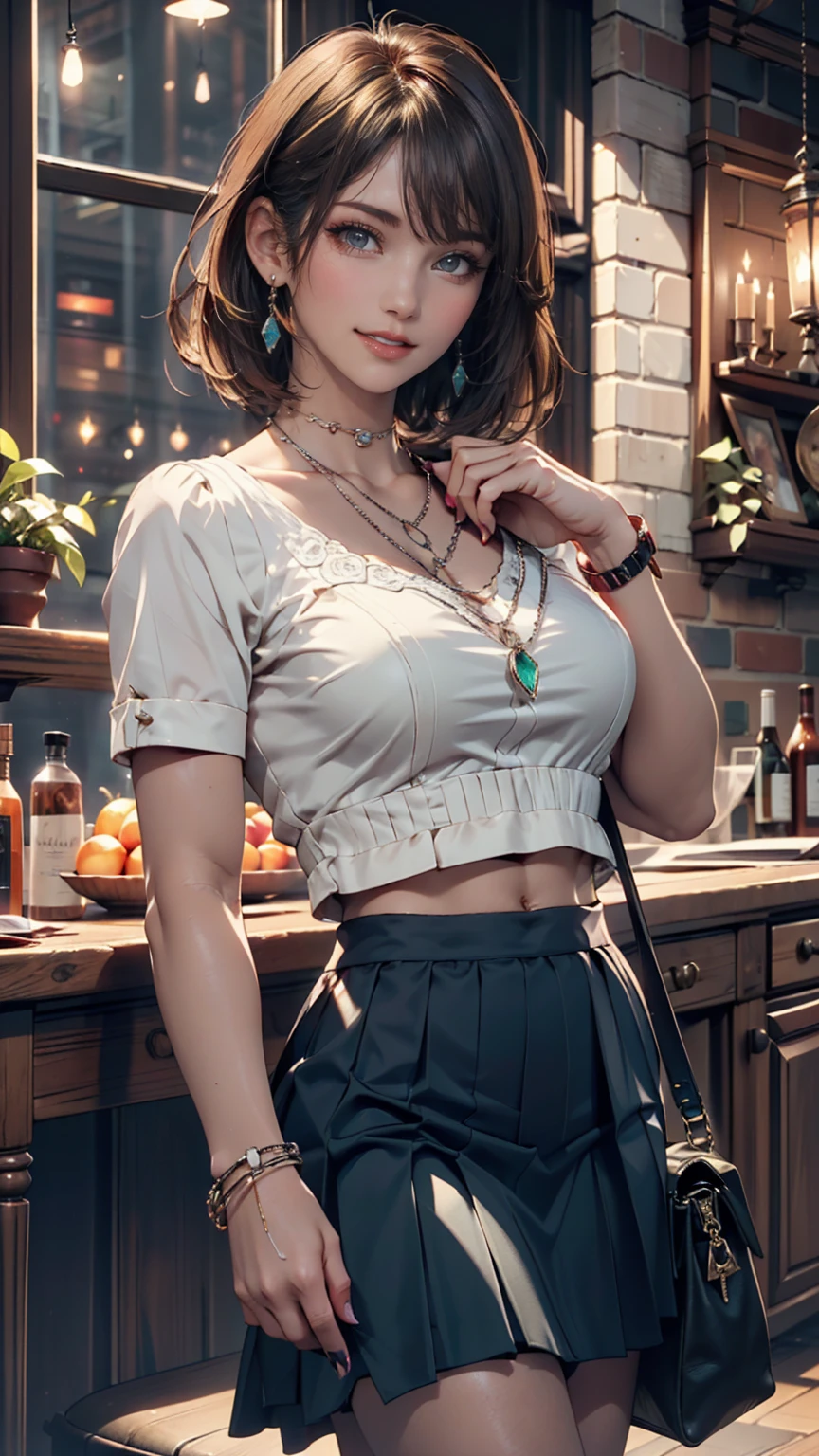 (TOP QUALITY,  masterpiece), 1 girl,  beautiful girl, brown_eye, ((hair color [エメラルドグリーン hair], [ pixie cut with a bang] hair)), earrings, lips, short sleeves to expose the penis,realistic,  thin waist,  charming,  Brilliant Makeup , long lashes for muscular body,  white skin, (cute), (Detailed face), 詳細ed eye, Detailed iris, 、sexy、erotic、silver chain accessory on the wrist、lace embellished midriff top、micro mini pleated skirt、 pin heels、blue sky、Gotham City、Wear a handbag on your shoulder、smile、emerald green manicure
