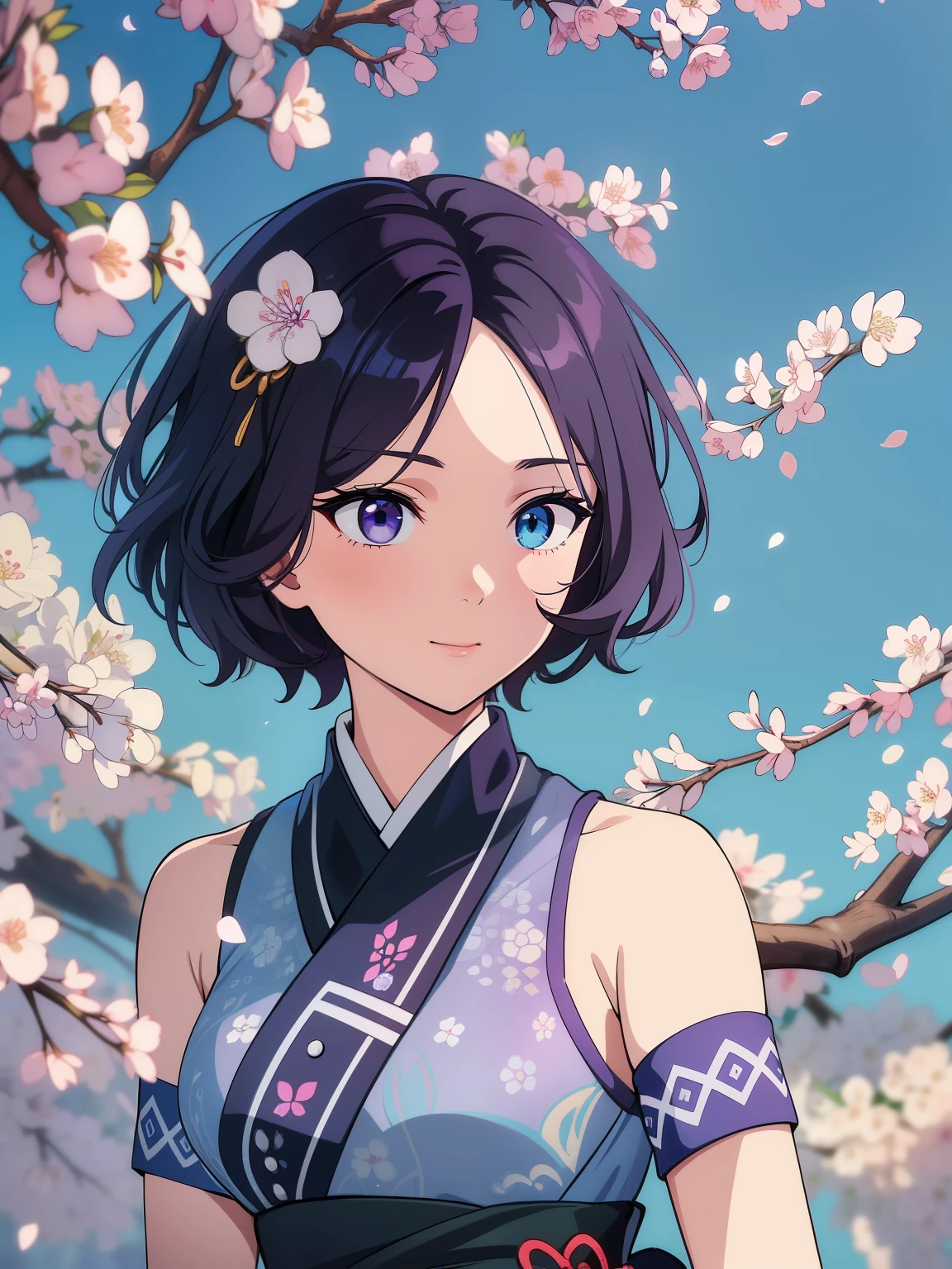 (high-quality, breathtaking),(expressive eyes, perfect face) 1female, girl , solo, ager, asian woman hairstyle, short hair length, soft wave, black hair color, Heterochromia left eye blue and right eye purple, white and black dress, shawl, blue and purple background, music, gentle smile, swirls in background, music notes background, beautiful background, symmetrical eyes, Qing Dynasty Costumes, hairpin, cherry blossom background, gundam art style