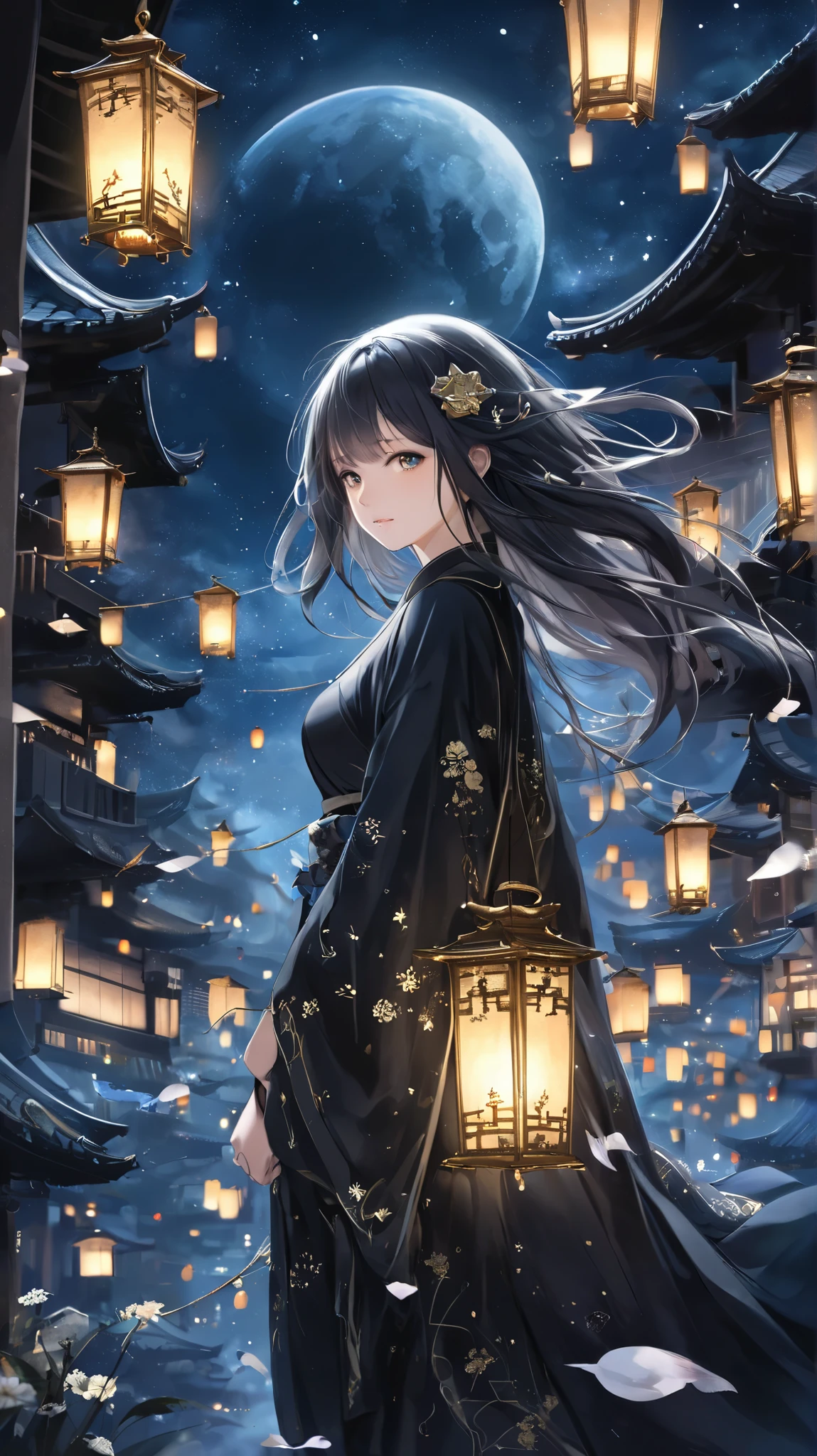 "A mysterious and dreamlike Japanese yokai named Nubatama-no-Yume, the spirit of midnight dreams. She appears as a woman clad in a jet-black kimono adorned with tiny stars, her long, silken hair merging into the endless darkness of the night sky. Her eyes glow softly, like twin moons hidden behind a veil of shadows. She drifts through the dreams of those who sleep under the new moon, whispering forgotten lullabies and leading them into visions of a world where time and reality dissolve. The dreamscape around her is surreal—floating lanterns, inverted cities, and an endless sea of black lilies swaying without wind. Those who follow her too far may never awaken, lost in the midnight world of Nubatama-no-Yume forever."
