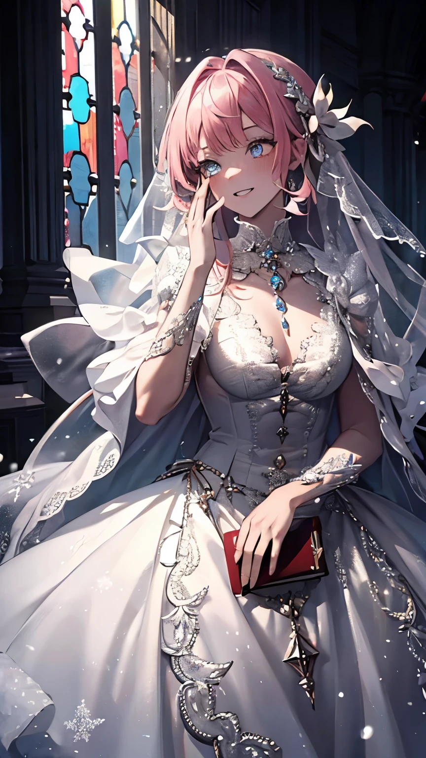 Masterpieces,Highest Image,Ultra High Definition, 8k resolution, One Person Point of View, perfect face,Glowing Skin,Delicate Facial Features, For one person,woman, laughs, long white hair ,pink hair, side bangs ,Wave Head,bracelet, color,during,Snow Flower, winters ,A majestic church,new year,Opal Rendering,Cinematic Lighting,Winter Snow Law,odd-eye, has a different color of white eyes on the left and right, long lashes for muscular body, camera