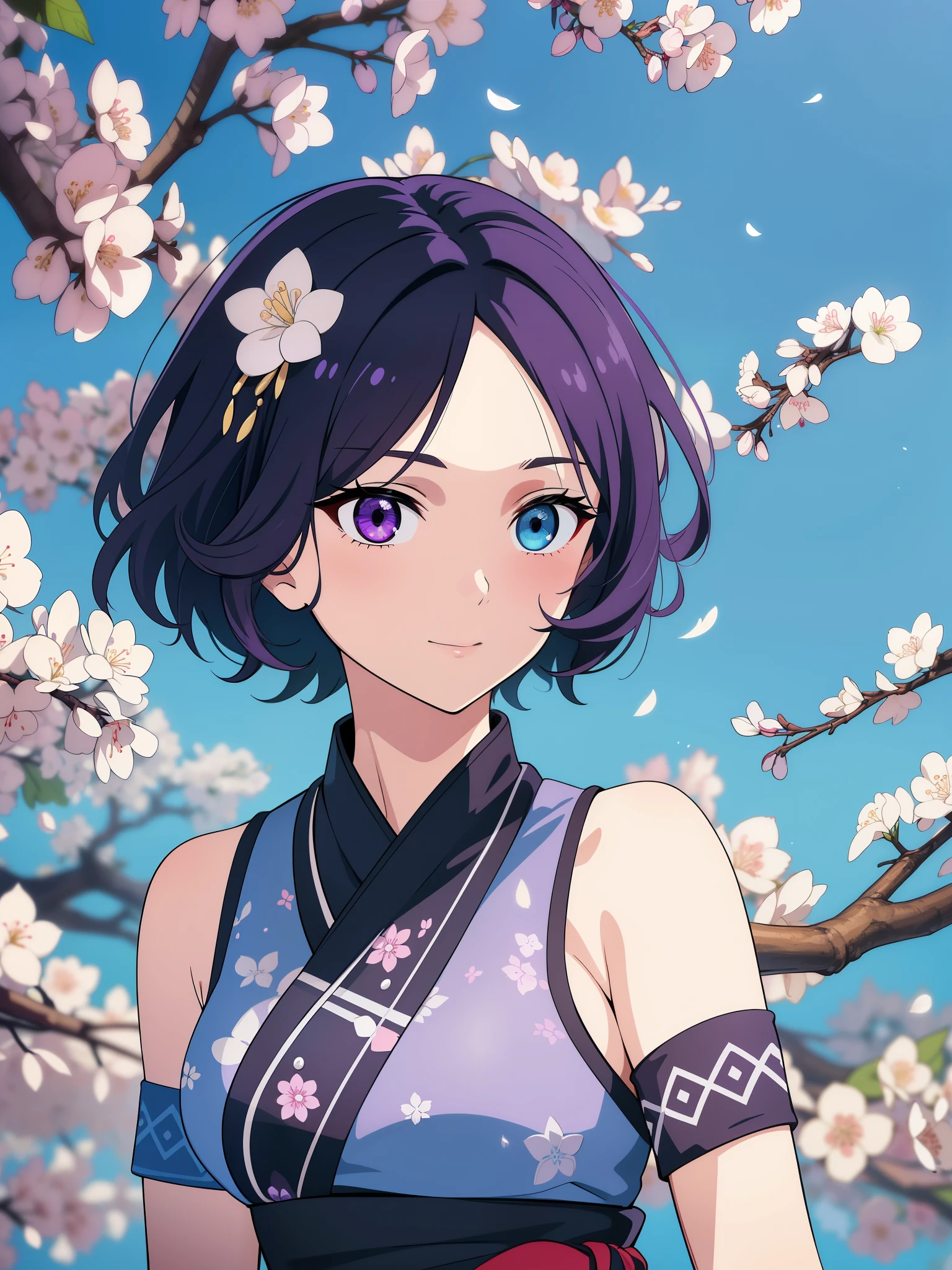 (high-quality, breathtaking),(expressive eyes, perfect face) 1female, girl , solo, ager, asian woman hairstyle, short hair length, soft wave, black hair color, Heterochromia left eye blue and right eye purple, white and black dress, shawl, blue and purple background, music, gentle smile, swirls in background, music notes background, beautiful background, symmetrical eyes, Qing Dynasty Costumes, hairpin, cherry blossom background, gundam art style