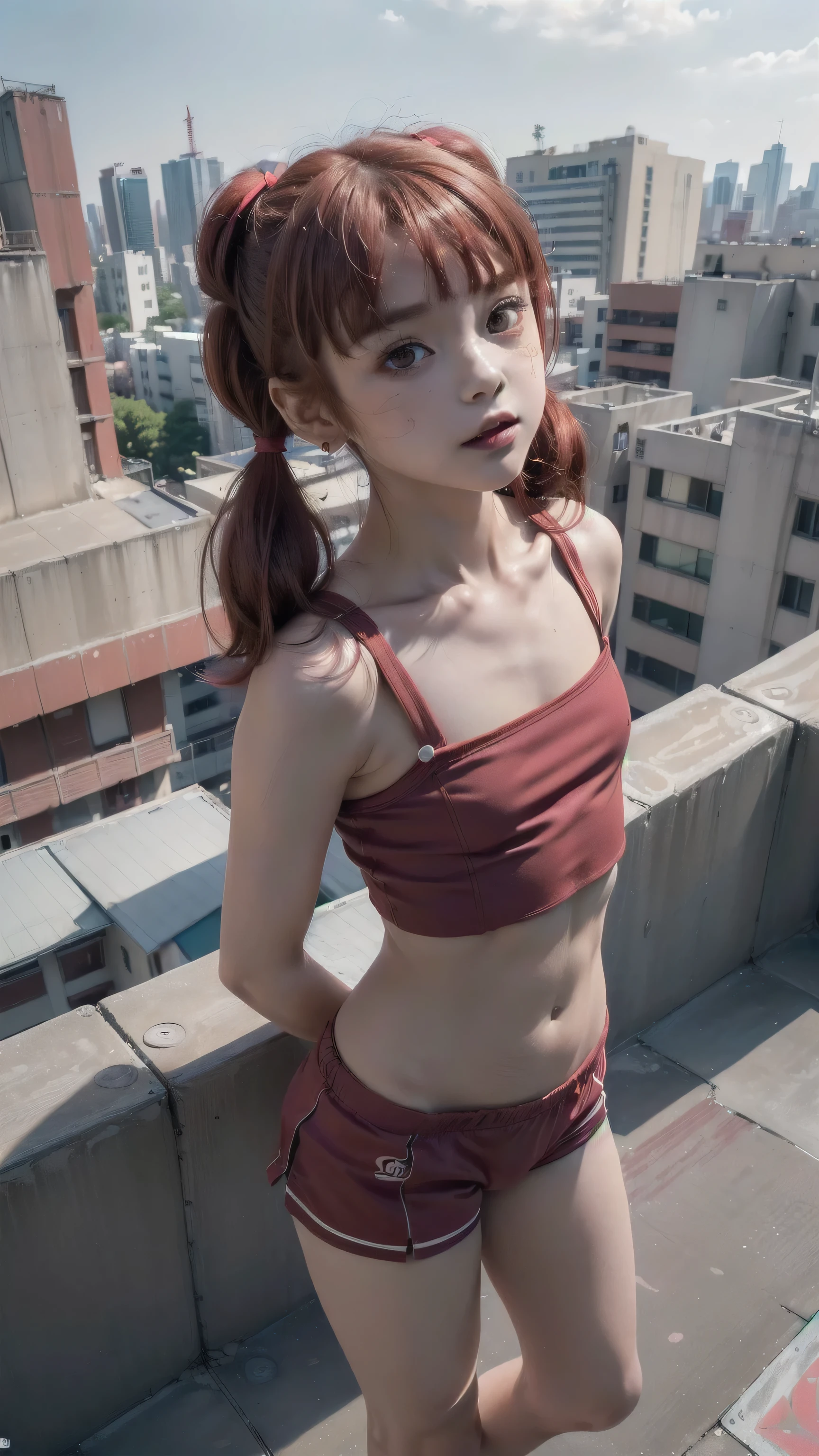 ((top quality:1.3)), ((ultra-detailed:1.3)), ((high resolution:1.3)), ((extremely detailed CG:1.3)), unity 8k wallpaper, by famous artist, perfect anatomy, super detailed skin, cinematic lighting, UHD, retina, anatomically correct, 1080P)), (Please draw a single one happy girl doing parkour on the roof of a building), (( 1girl )), (alone, face,:2.0), a , ((cute petit girl, chibi, babyface)) androgynous charm, (Medium hair, ((full red hair)) ((redhead)), medium ((twin pigtails)), straight bangs, with a bow in her hair, ((very thin Legs)), ((skinny Legs, thin body, small build)), Full limbs, complete fingers, ((perfect fingers and hands)), flat chest, small breasts, ish body, small butt, groin, Beautiful detailed full yellow gold eyes, perfect eyes, (Detailed Lighting), ((on the roof of a building)), ((Tokyo)), (Detailed scenary background), full body view, ((doing parkour in tokyo)), Legs. Cute, kawaii single girl (one girl), full body shot, front body, ((left hand up, right hand down)), ((little young body)), ((A young wearing a fitted sports top, short shorts, and running shoes.)), ((A natural, correctly proportioned hands)), ((Straight bangs cut just to the eyebrows, perfectly aligned and not moving to the side)), ((full straight bangs:1.7)), (( :1.0)), ((inmature:1.0)), (( And immature , of age 13 , and boy , undeveloped :1.7)), ((small and immature girl, Age 13, small and , undeveloped:1.7)), (( small、、 small 、Underdeveloped:1.7)), ((High quality face down to the smallest detail)), (((( aesthetically cute model:1.7)), very skinny belly, tiny marked nipples