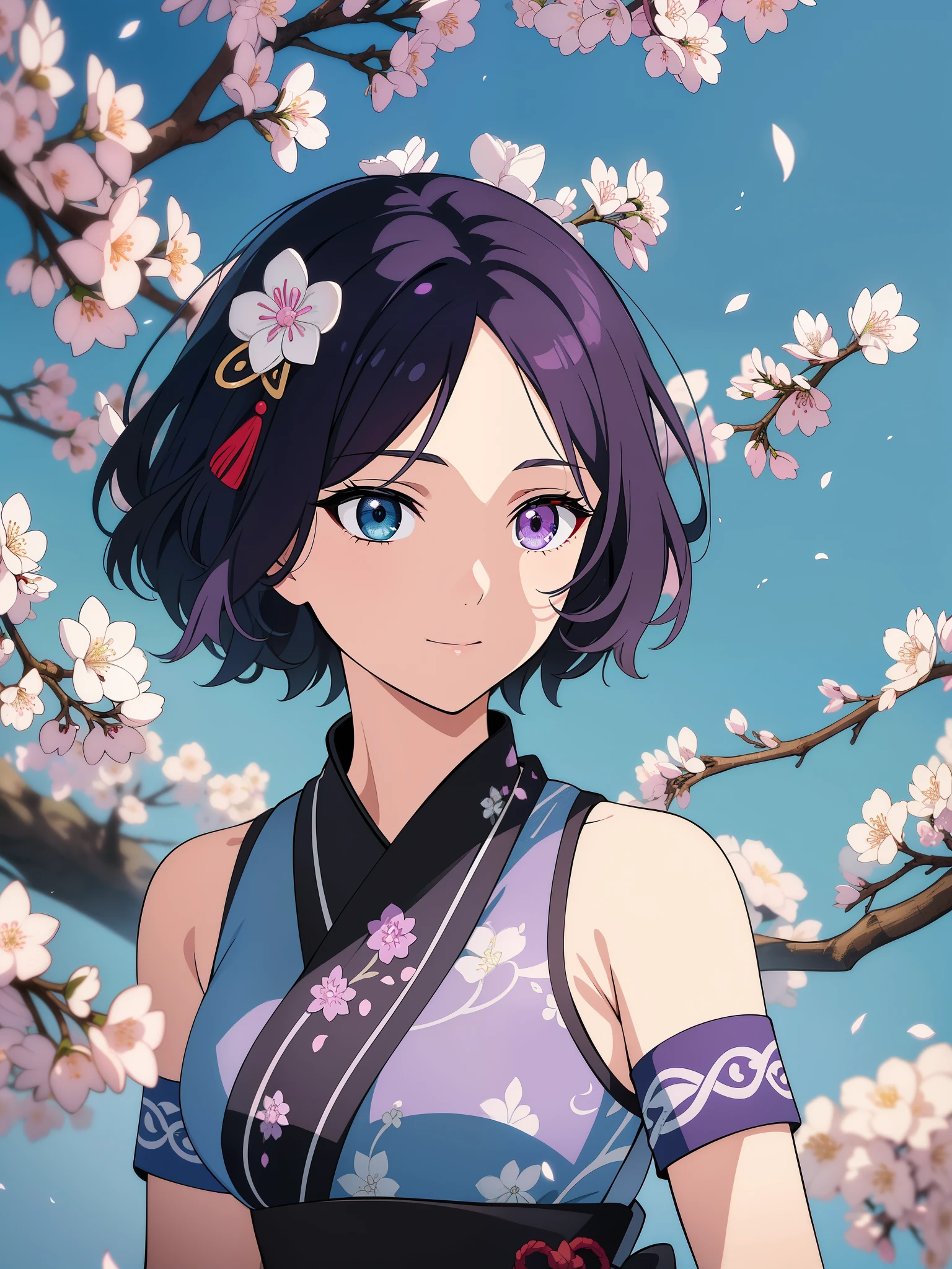 (high-quality, breathtaking),(expressive eyes, perfect face) 1female, girl , solo, ager, asian woman hairstyle, short hair length, soft wave, black hair color, Heterochromia left eye blue and right eye purple, white and black dress, shawl, blue and purple background, music, gentle smile, swirls in background, music notes background, beautiful background, symmetrical eyes, Qing Dynasty Costumes, hairpin, cherry blossom background, gundam art style