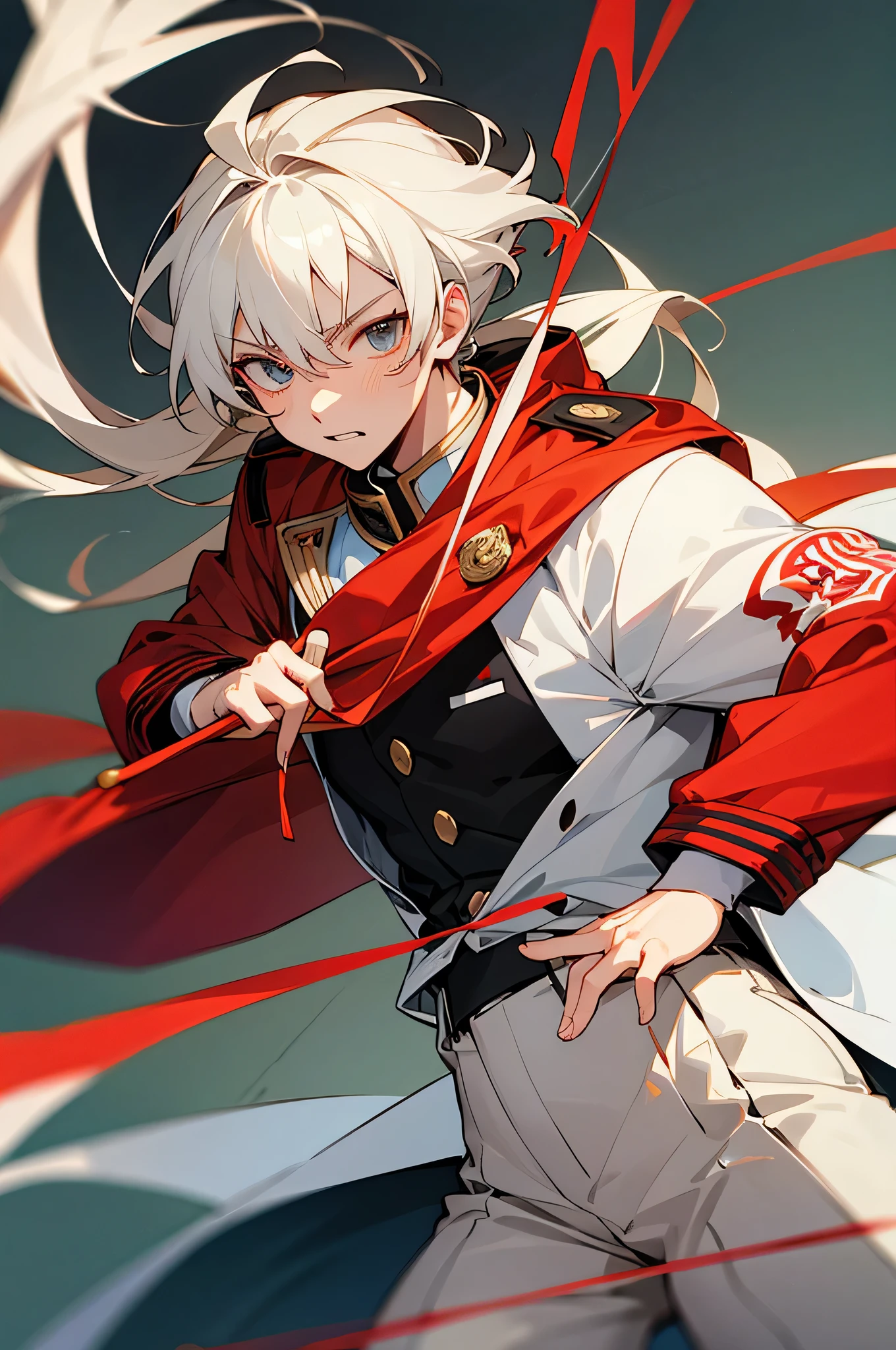 Young boy, white hair, side hair part, red eyes, smile face, handsome boy, cool boy, bad boy