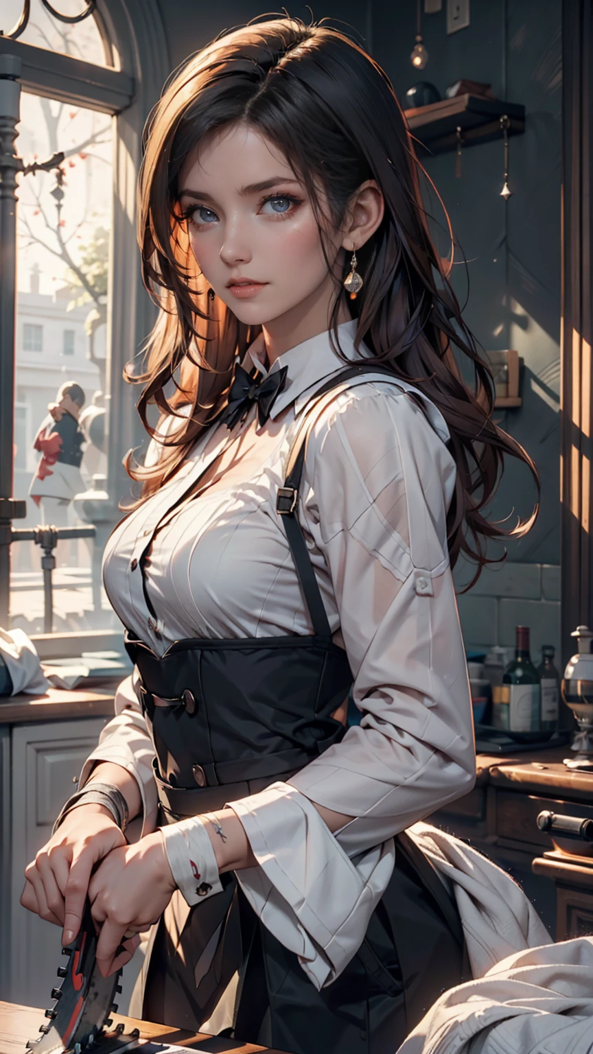 Mezon Hourly Sound Anechoic、Dark blue hair、Tie your hair back、Sexy proportions、Narrow waist、Lace dress、Long skirt、apron、broom、Apartment Background