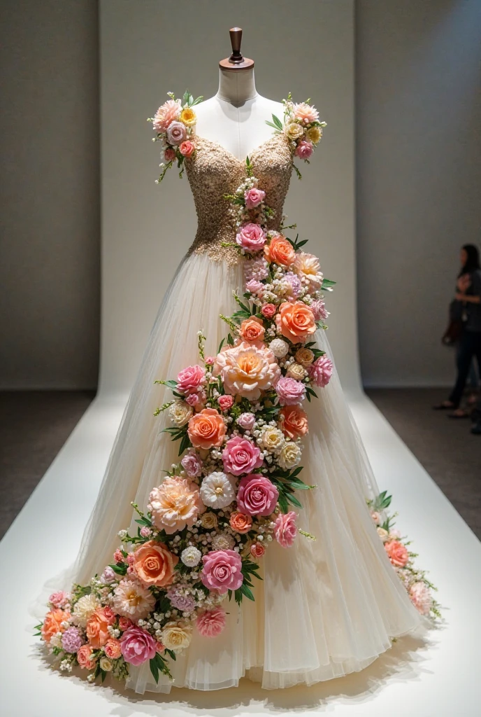 There is a mannequin with flowers in an exhibition, roupas feitas de flor, deusa flor, persephone in spring, beautiful aesthetics, vestido flor, Alta costura floral, A  feita de flores, senhora com vestido de flores brilhantes, feito de flores, usando um vestido feito de videiras, feito de flores secas, Collection of the Metropolitan Museum, figurino intrincado, traje bonito