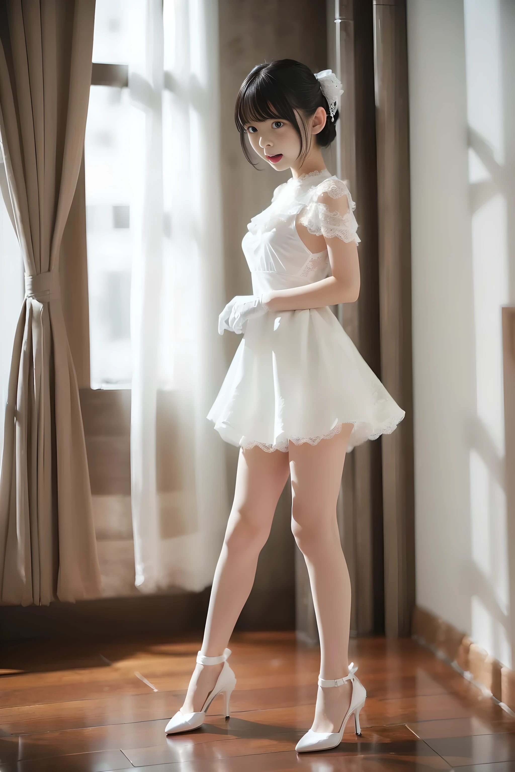 (((Full body portrait:1.5))),(Frightened face),(open mouth vertically),(very short pure white lace miniskirt),(female masturbation),(small breasts:1.5),(very cute petite Japanese girl with a slender body and a baby face),(Short stature and skinny body),(short limbs),(extremely cute girls),(Pure white dress with a very short miniskirt),(white underwear),(thin thighs),(hands on buttocks),(drunk),(Voyeur from the side),(facing forward),white hair ribbon,white lace gloves,white stiletto heels,own home,Ultra high definition,Highest quality,high resolution,Extremely detailed depiction,super detailed skin