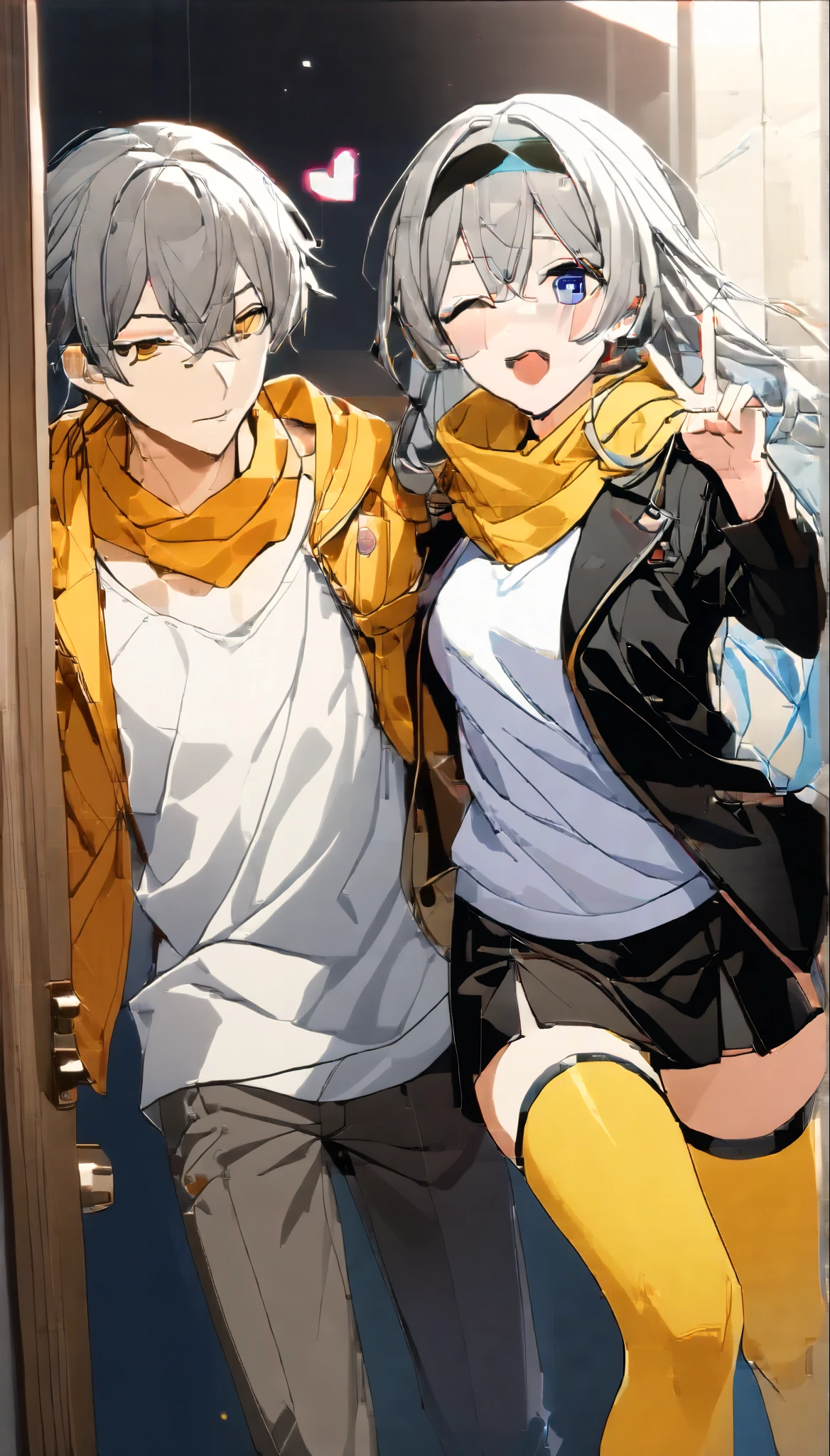 ( masterpiece, high quality , best quality, Official Art , beautiful and beautiful:1.2),( 8,000, best quality, masterpiece:1.2), ((( masterpiece))),(((best quality))),(((Extremely Detailed))),illustration, who, ( masterpiece, high quality , best quality, Official Art , beautiful and beautiful:1.2),( 8,000, best quality, masterpiece:1.2), masterpiece, best quality, illustration, high resolution, super detailed, Kellers \(Collapse: Star Trails\),Request a Comment ,firefly \(Collapse: Star Trails\), 1 Girl, 1 boy , gray hair, jacket, with one eye closed, long hair, Hairband, black jacket, Smile, blush, shirt, white shirt, orange scarf, black Hairband, v, white background, simple background, yellow pantyhose , Selfie, open mouth , purple eyes, Heart, short hair, scarf, long sleeves, black gloves, gloves, hair between eyebrows, Special shape, open jacket, Open clothes, fingerless gloves, hood, looking at viewer, double-sided fabric ,