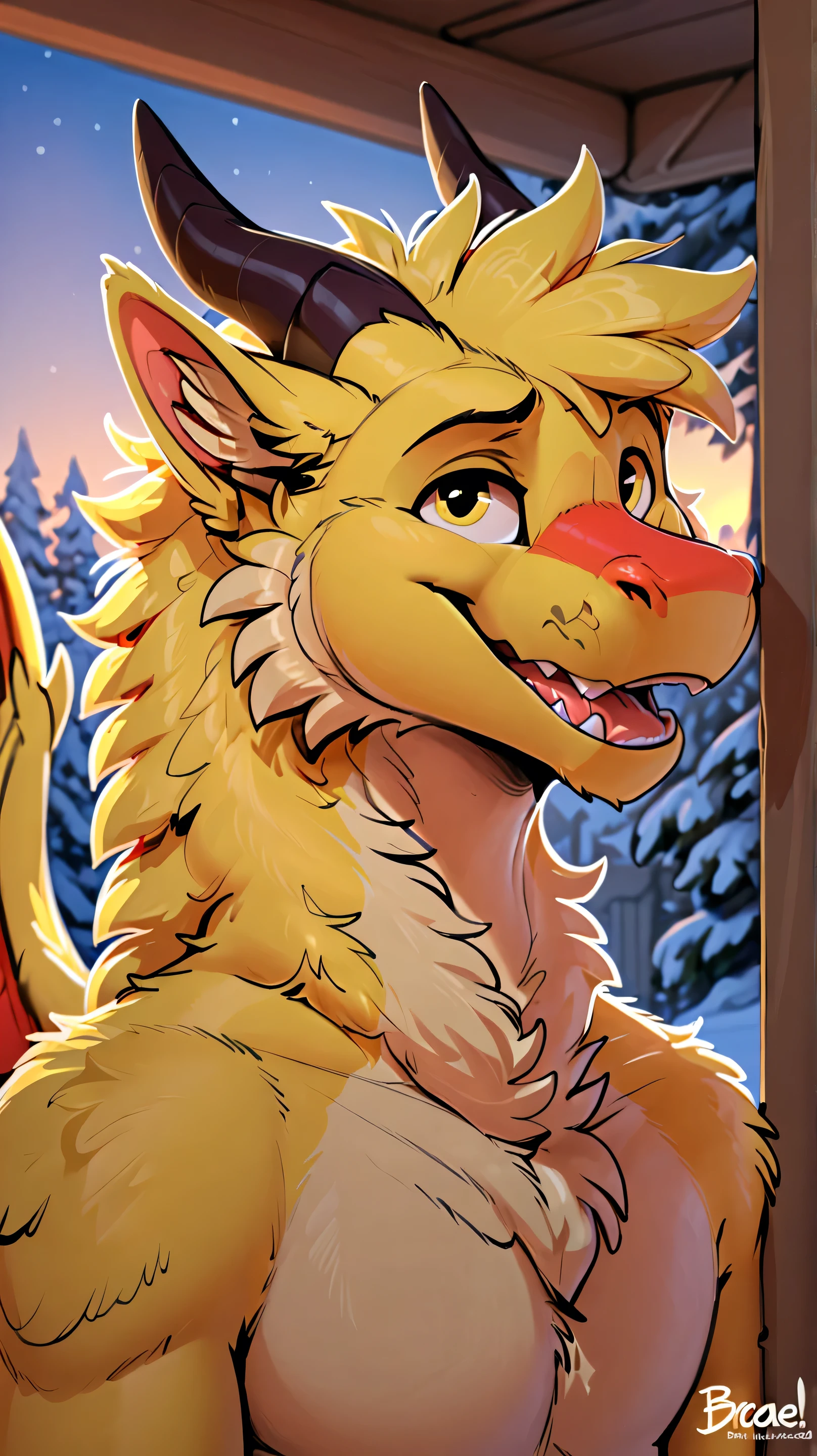 uploaded to e621, by braeburned, high resolution,  masterpiece,  The best quality, Detail, high details, cold lighting, Solo Anthro, human body, man, dragon , fluffy dragin, pastel yellow fur, mischievous face, naughty, mischievous look, open mount, uncovered face, blurred background