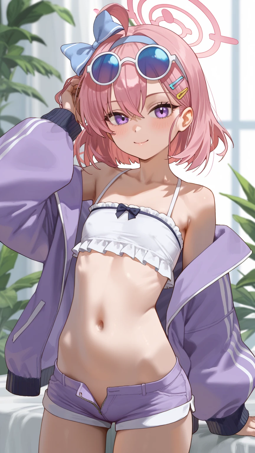 masutepiece, fullllbody, 1girl in, Solo, Standing, Pink tones, Manga style, pink cherry blossoms nearby,14years, Pink hair、swim wears, The navel is visible、(White background), Looking at the viewer, side front pose