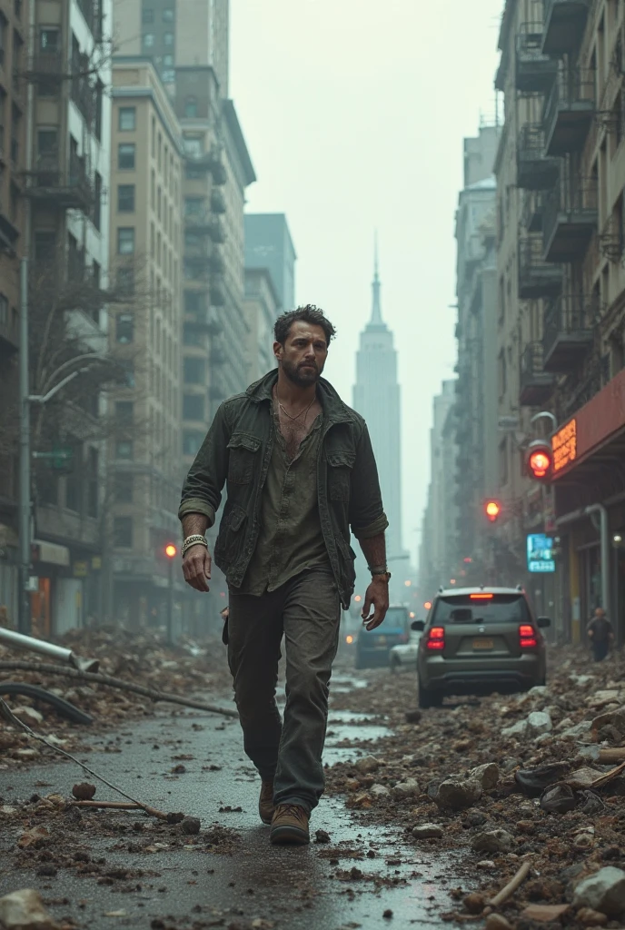 (35mmstyle:1) artstyle medium shot portrait photo captivating film still of a Skinny man with a striking expression and body language, Debris from a Giant Explosion in New York City is happening in the background out of focus, depth of field, epic, Anarchy, end of the world