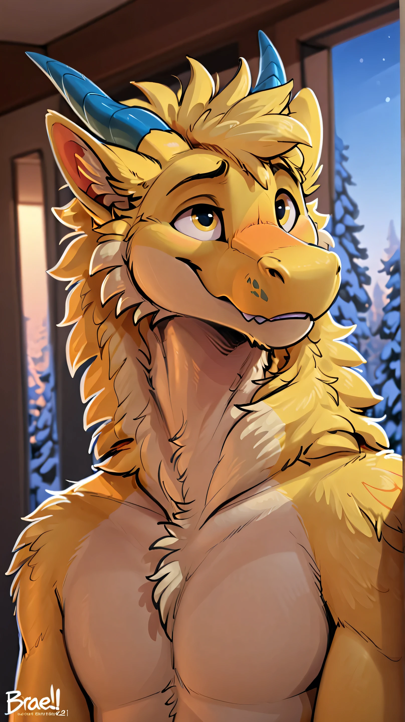 uploaded to e621, by braeburned, high resolution,  masterpiece,  The best quality, Detail, high details, cold lighting, Solo Anthro, human body, man, dragon , fluffy dragin, pastel yellow fur, mischievous face, naughty, mischievous look, open mount, uncovered face, blurred background