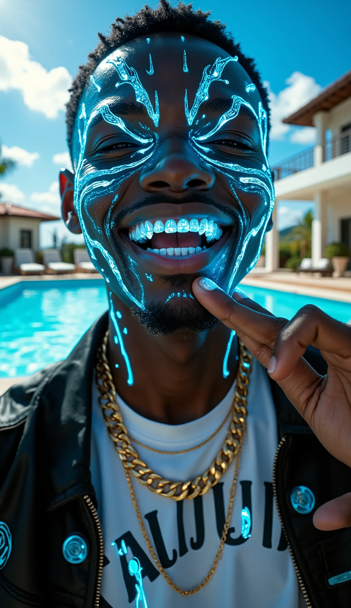 gr!llz, in the style of Jed-clrfl, overexposed photograph An ultra-realistic, first-person view (FPV) of human-like ebony breathtakingly beautiful character inspired by sci-fi aesthetics. Perfect hand, Detailed hand, The character has luminous peacock skin, wearing Streetwear with shirt underneath with bold text that says "Talijuano"::7.6 , bold gold chain.The character enveloped in intense energy::8.2 . Their face is obscured by the overwhelming glow, emphasizing the sheer power they are unleashing. The background is a mansion pool party in the daytime.
. The lighting is realistic and cinematic, emphasizing the glowing accents, reflective surfaces of the drink, and the characters' detailed features. smiling into the camera, fish eye lens realistic photograph with a wide smile, its teeth are encrusted with shiny platinum diamonds. diamonds dance and twinkle in the light, enthusiastic laugh,