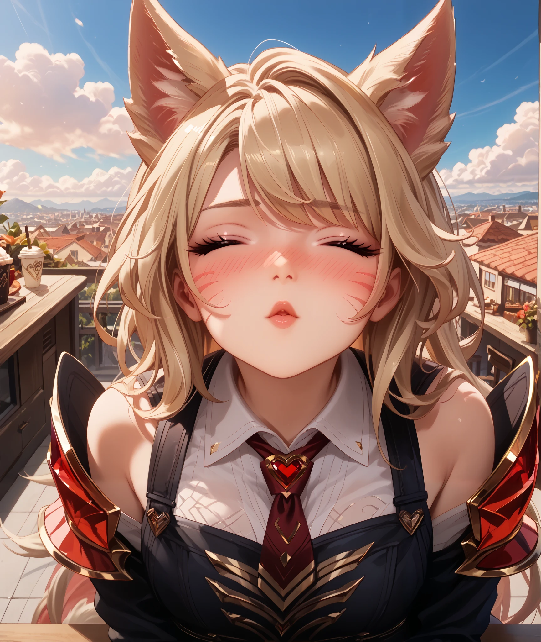 Score_9, Score_8_up, Score_7_up, Score_6_up, Score_5_up, Score_4_up, Tag1, Tag2, Quality_masterpiece, Absurd res, Anatomically correct, Beautiful face, Perfect face, Highly detailed beautiful face and eyes, Attractive face, Detailed face, Delicate facial features,high detail face, Detailed skin, hyper realistic ,high definition detail, Amazing work , wallpaper, screencap, masterpiece, high resolution, best quality ,8k ( Immortalized Legend Ahri ) (Beige Hair) (black clothes) (red shoulder pads) look at you, look of disinterest, café, rooftop, midnight, silent pose, blushing, ebarrasing alone, high purity eyes, concentrated , look of disinterest, sexual pose, casual clothes, thinking, kemonomimi mode,looking at the ceiling, look at you, mature, look of empowerment, necktie, eyes closed ,white collared shirt, incoming kiss, (love blush:1.5)