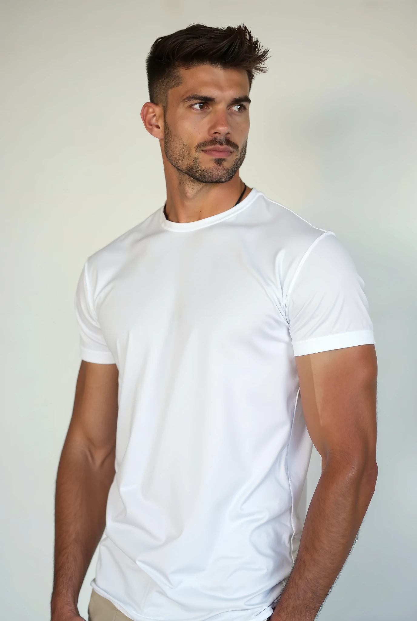 muscular man,White short sleeves shirt,hand in the pocket pose,Black white boxer,smile,bald, brown skin,short beard,smoking cigarette