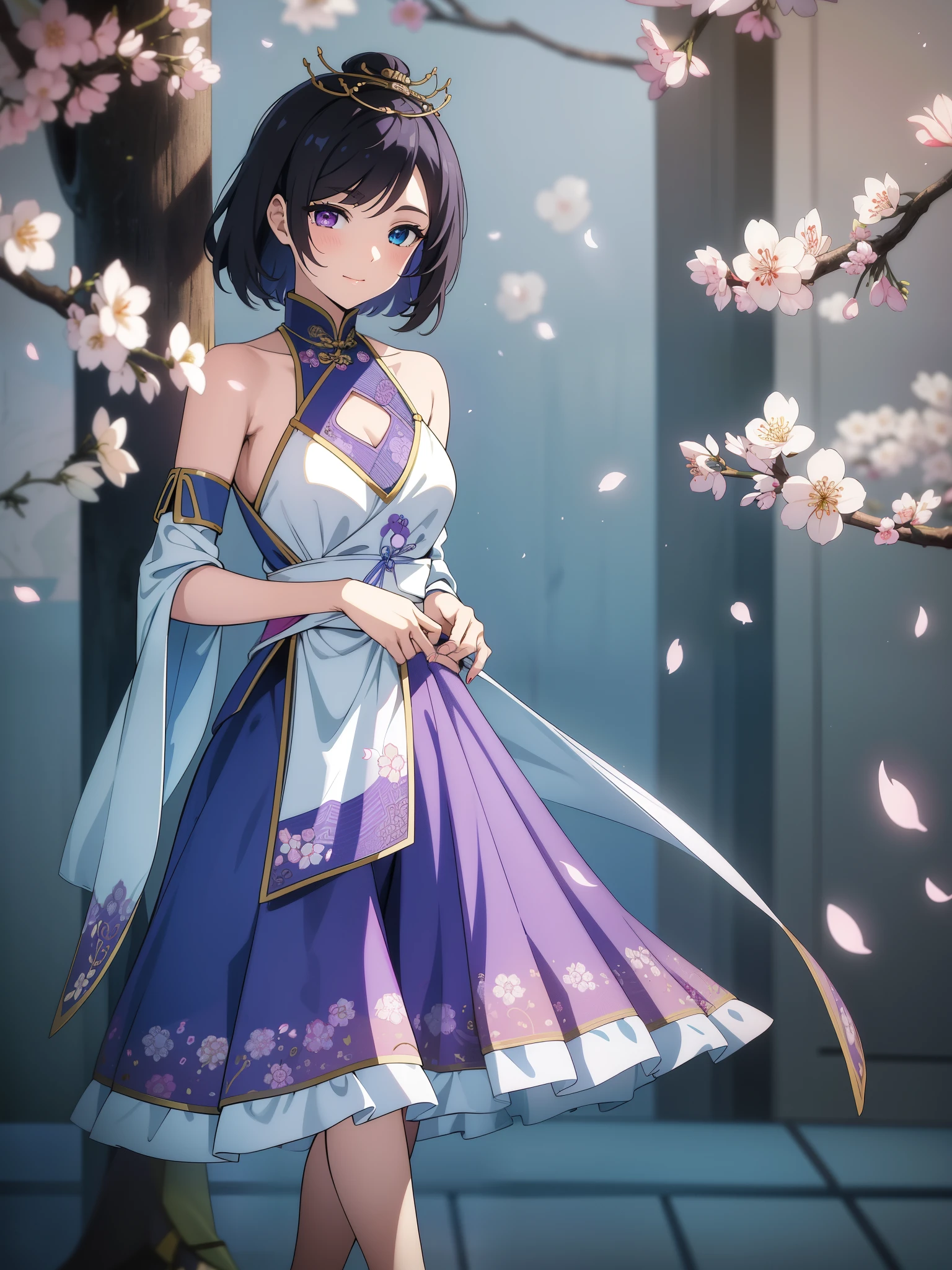 (high-quality, breathtaking),(expressive eyes, perfect face) 1female, girl , solo, ager, asian woman hairstyle, short hair length, soft wave, black hair color, Heterochromia left eye blue and right eye purple, white and black dress, shawl, blue and purple background, music, gentle smile, swirls in background, music notes background, beautiful background, symmetrical eyes, Qing Dynasty Costumes, hairpin, cherry blossom background, full body, portrait, symmetrical body, centred composition, intricate details