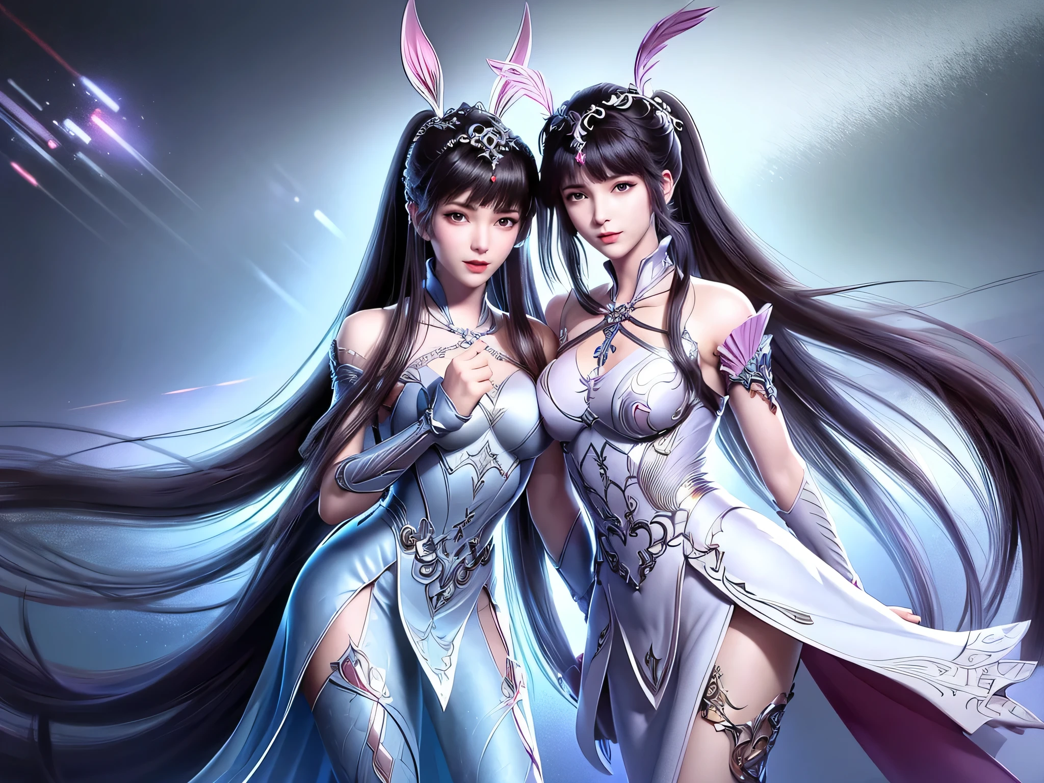 two women in bunny ears are posing in lingersuits and lingeriers, ultrarealistic sweet bunny girl, bunny girl, wlop and sakimichan, with bunny ears, trending on cgstation, trending at cgstation, with big rabbit ears, with long floppy rabbit ears, ruan jia and artgerm, wlop and artgerm