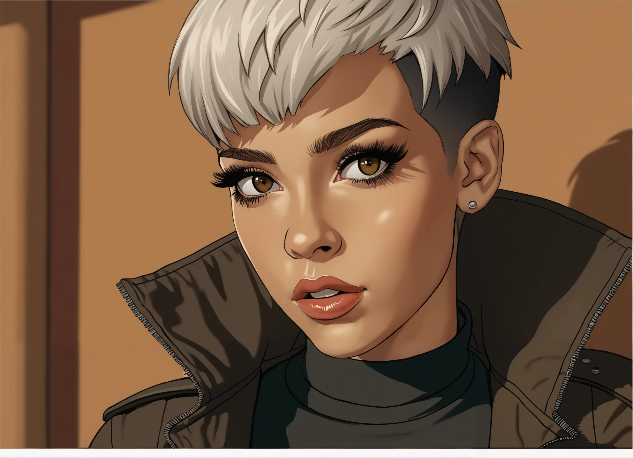 jet black pixie-cut hair