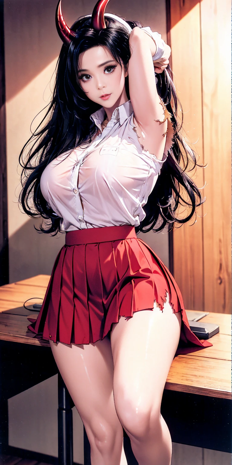 sfw, camellia, flower, red_flower, red_rose, rose, katana, 1girl, pink_rose, pink_flower, spider_lily, shoes, long_hair, school_uniform, serafuku, sheath, skirt, solo, sheathed, vase, looking_at_viewer, sitting, orange_flower, pleated_skirt, rose_petals, black_shirt, black_legwear, black_skirt, hibiscus, very_long_hair, parted_lips, loafers, sailor_collar, black_hair, neckerchief, wearing bra,((skinny waist)), young asian girl, ((big breasted)),