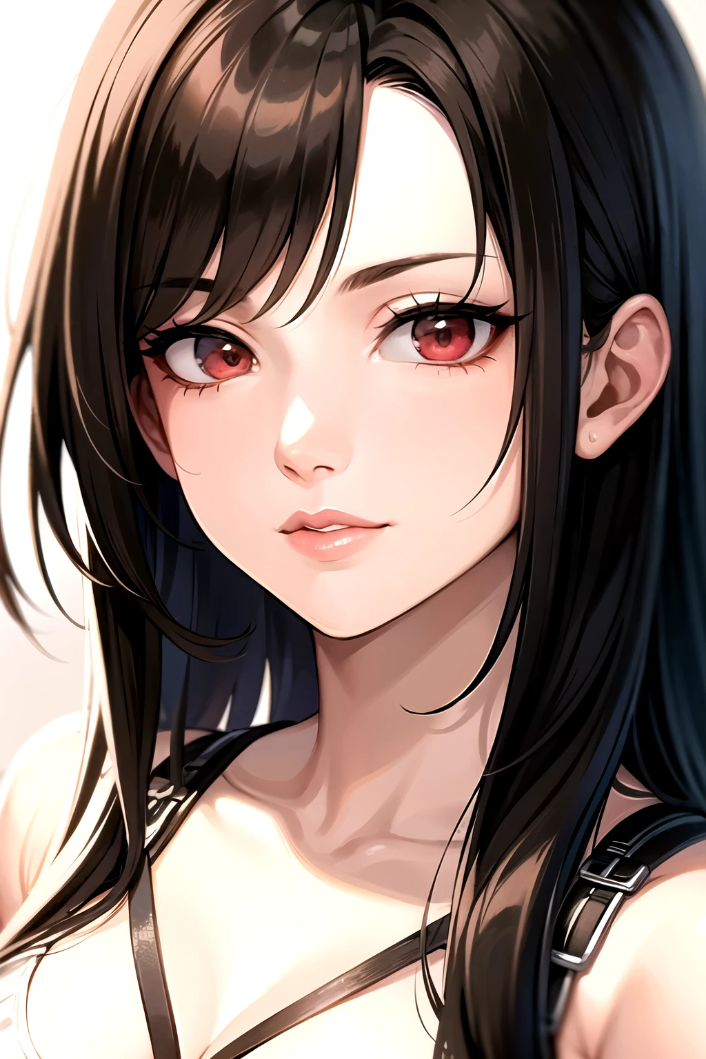 a close up of a woman with long black hair wearing a choker, tifa lockhart portrait, tifa lockheart, anime styled, anime girl render