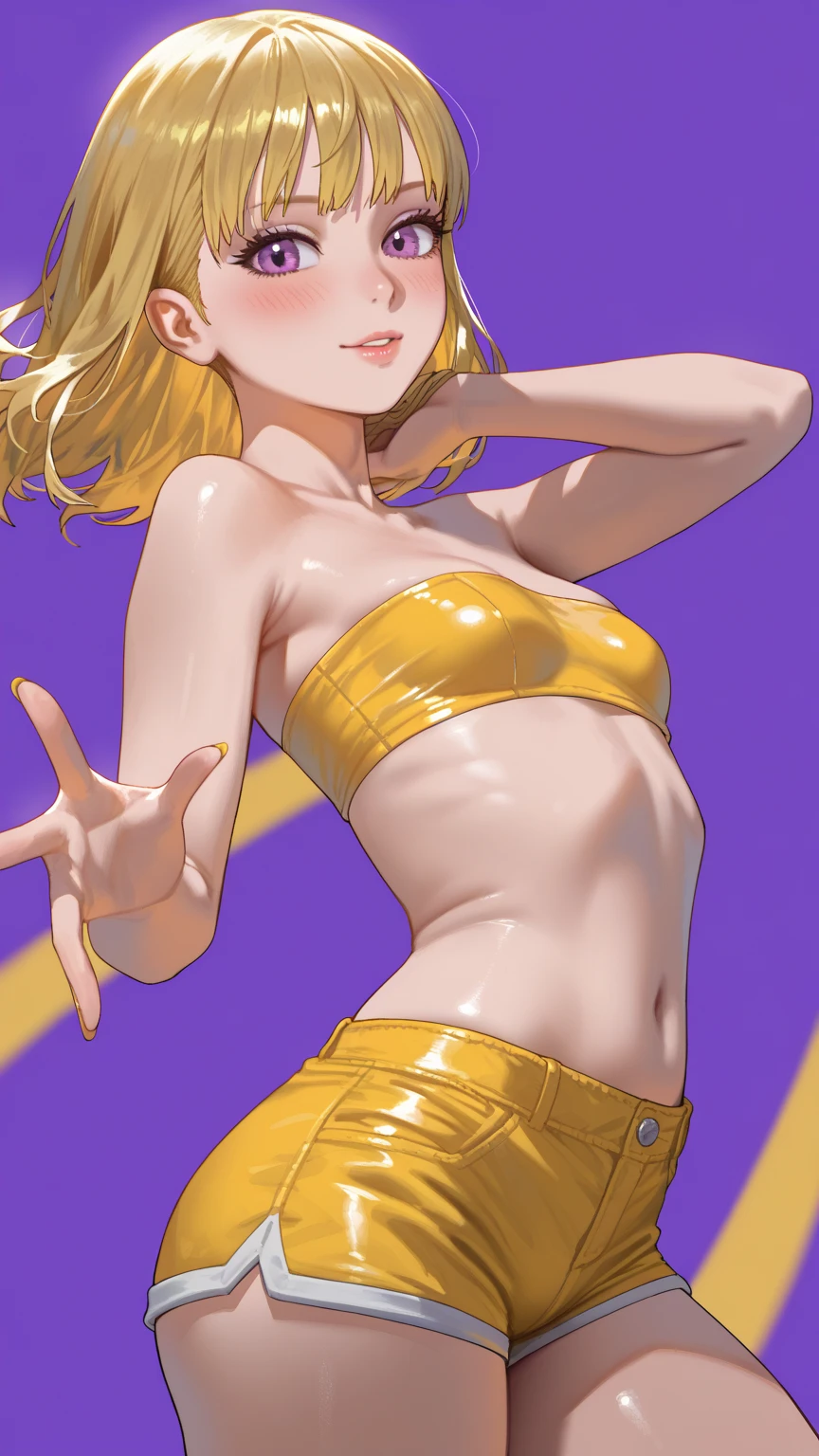 sports magazine cover, young european woman, (Chloe Toy), (slim:1.6), 25yo, ((yellow bikini)), (medium breasts:1.4), perfect body, smile, blonde, full body, thigh gap:1.4