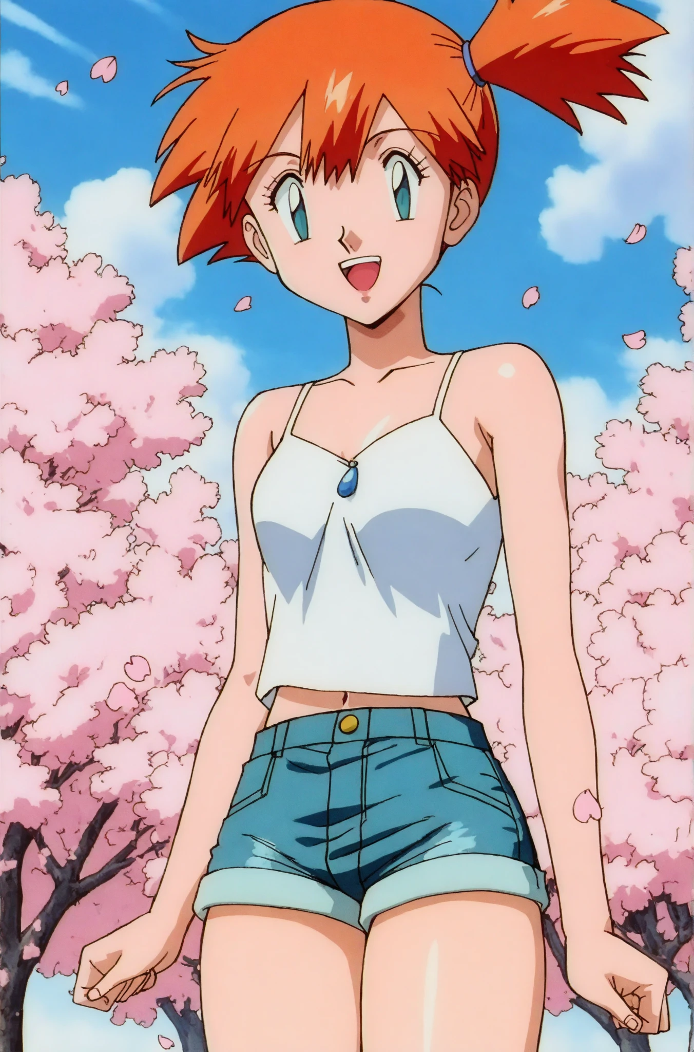 anime screenshot, Misty, looking at the viewer, cowboy shot, Sky BREAK , 1 girl, Alone , cowboy shot,  side ponytail, camiseta de braces amarilla, braces, denim shorts,   cherry blossoms , tree,
Masterpiece, the best quality,  newest , absurdres,  highres