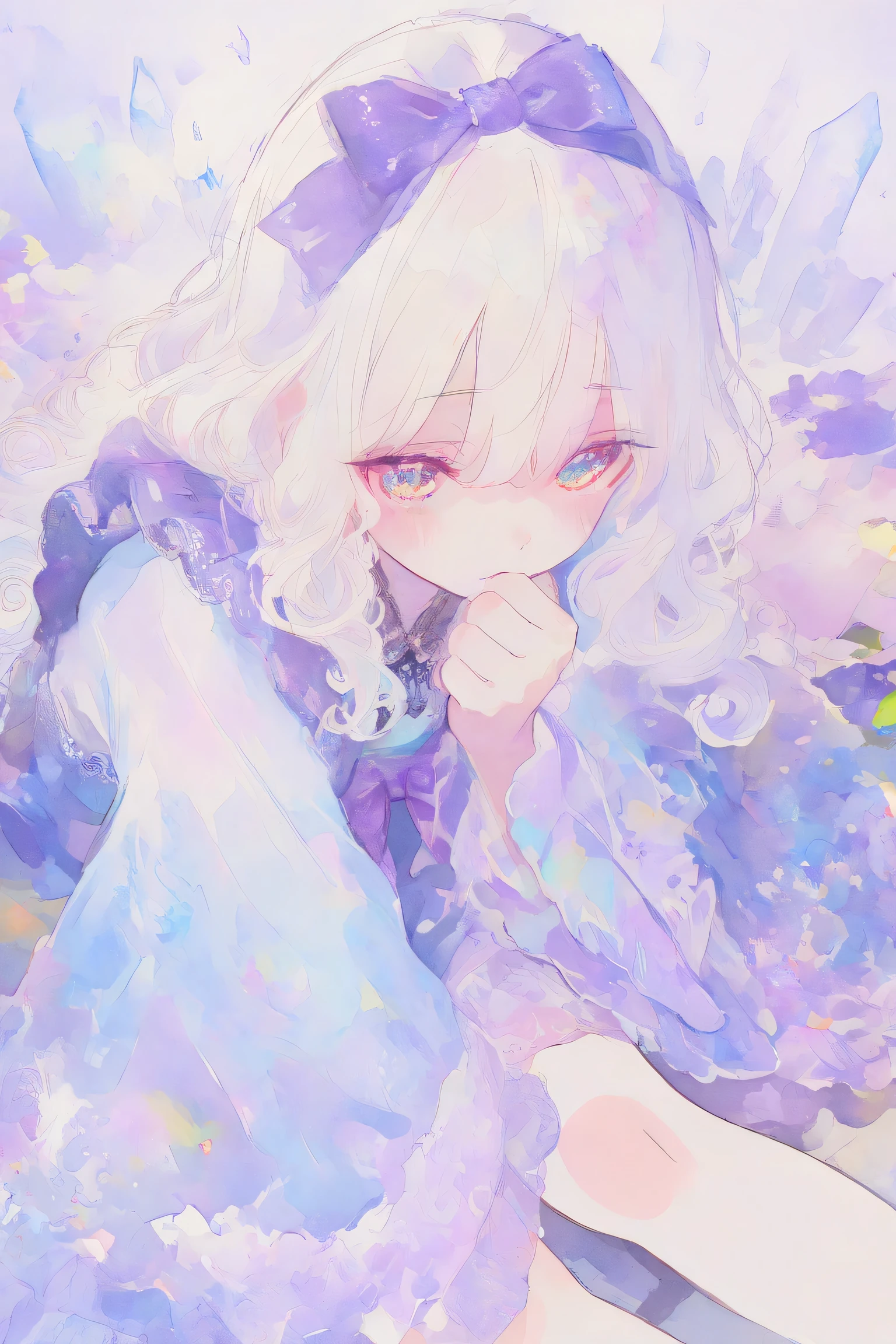 Chibi: 1.2, cute: 1.2, cute eyes: 1.2, soft: 1.2. Smiling, (: 1.5) ((Masterpiece, Detailed: 1.2)) (Highest Quality), (Masterpiece: 1.2), (Colorful: 0.9), (Color Scattering), (Watercolor), Sharp Focus, High Resolution, (Anime Style: 1.1), ((Highest Quality)), (Super Detailed), (Beautiful), Alone, White Hair, Naturally Curly Hair with Blue Eyes, Wearing a Purple Lace Crystal Dress, Long and Wide Sleeves, Big purple bow on the back, cute, purple flowers on the head, masterpiece, best image quality, highest quality, Alice in Wonderland のコスチューム, colorful long いブロンドのhair, colorful eyes, top-down perspective, sitting, background purple watercolor style background