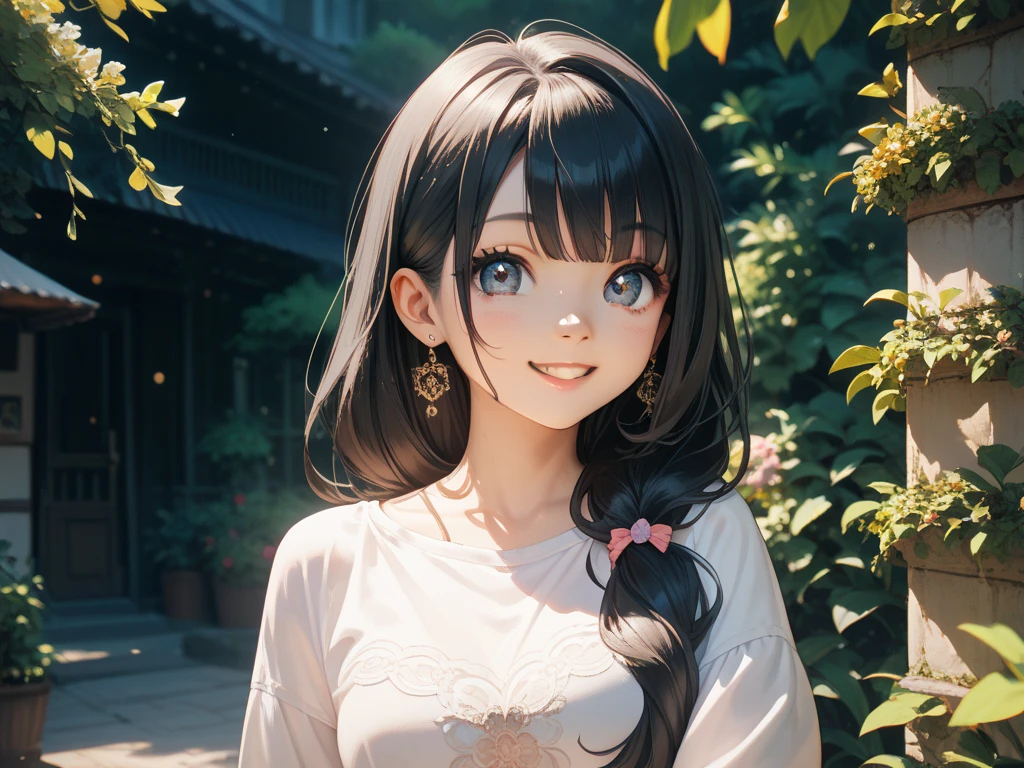 black hair, hair bobbles, longeyelashes, solid circle eyes, light smile, ear blush, fang, white t-shirt, light blue jeans, Surrealism, drop shadow, anaglyph, stereogram, tachi-e, pov, atmospheric perspective, 8k, super detail, ccurate, best quality
