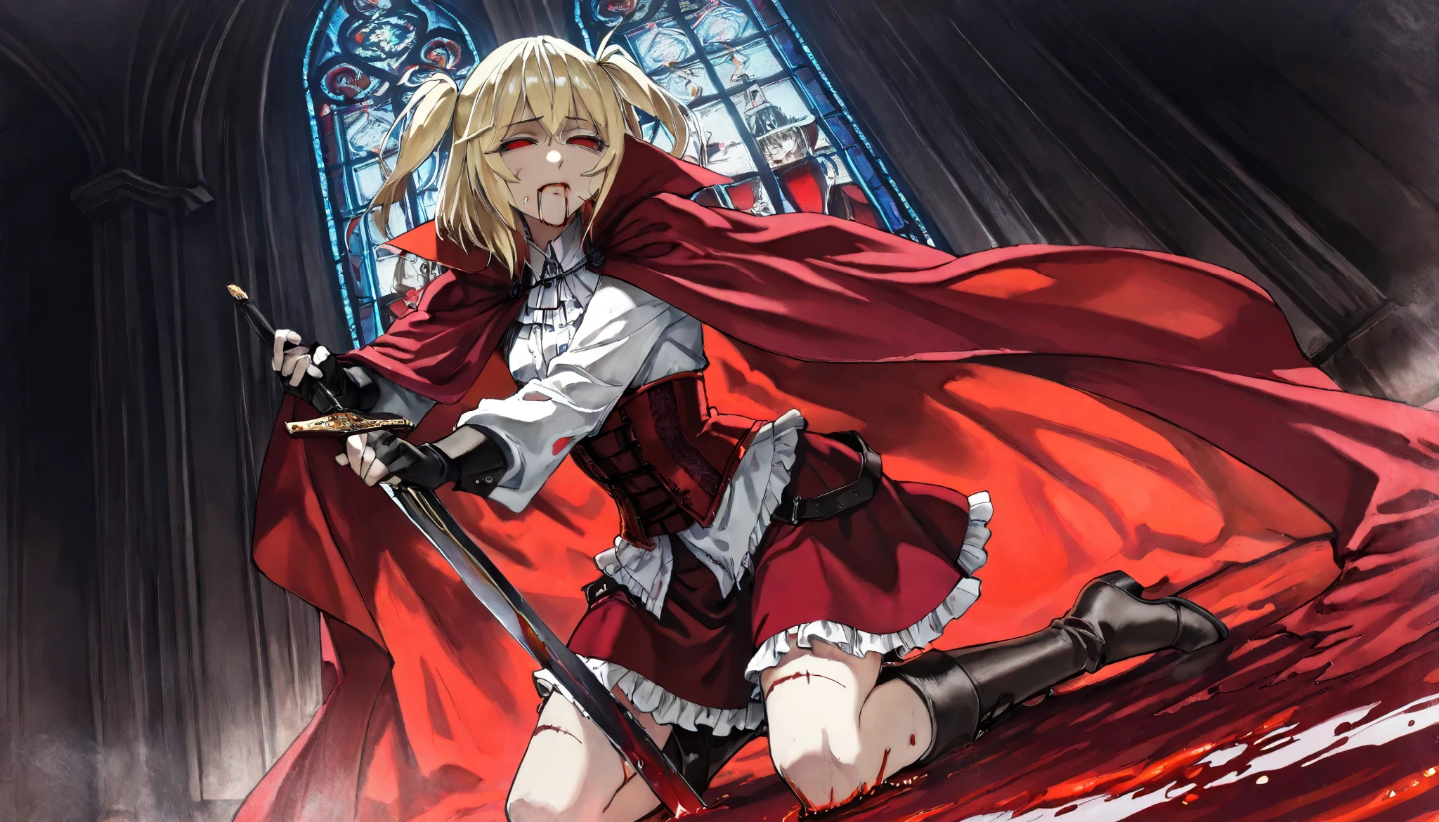 (best quality, highest quality:1.2), masterpiece, top quality, ultra high definition, rich contrasts, HD,8k, High Definition CG Unit Wallpaper, texture , Unbelievably Absurd, ultra high definition, RAW photos ,Deep border 1 .2, very detailed, from side, kneeling, ((bleeding scar)),
1girl, solo, cowboy shot, white shirts, red long cape cloak, red corset, frills red skirt, black fingerless gloves, knee boots, blonde, two side up, red eye, holding a sword, ((heavy bleeding, bloody hair, bloody clothes, blood from mouth, blood pool)), no pupils, half closed eyes,
Anime Girls, dutch angle, Gloomy painting style, dark church, stained glass,