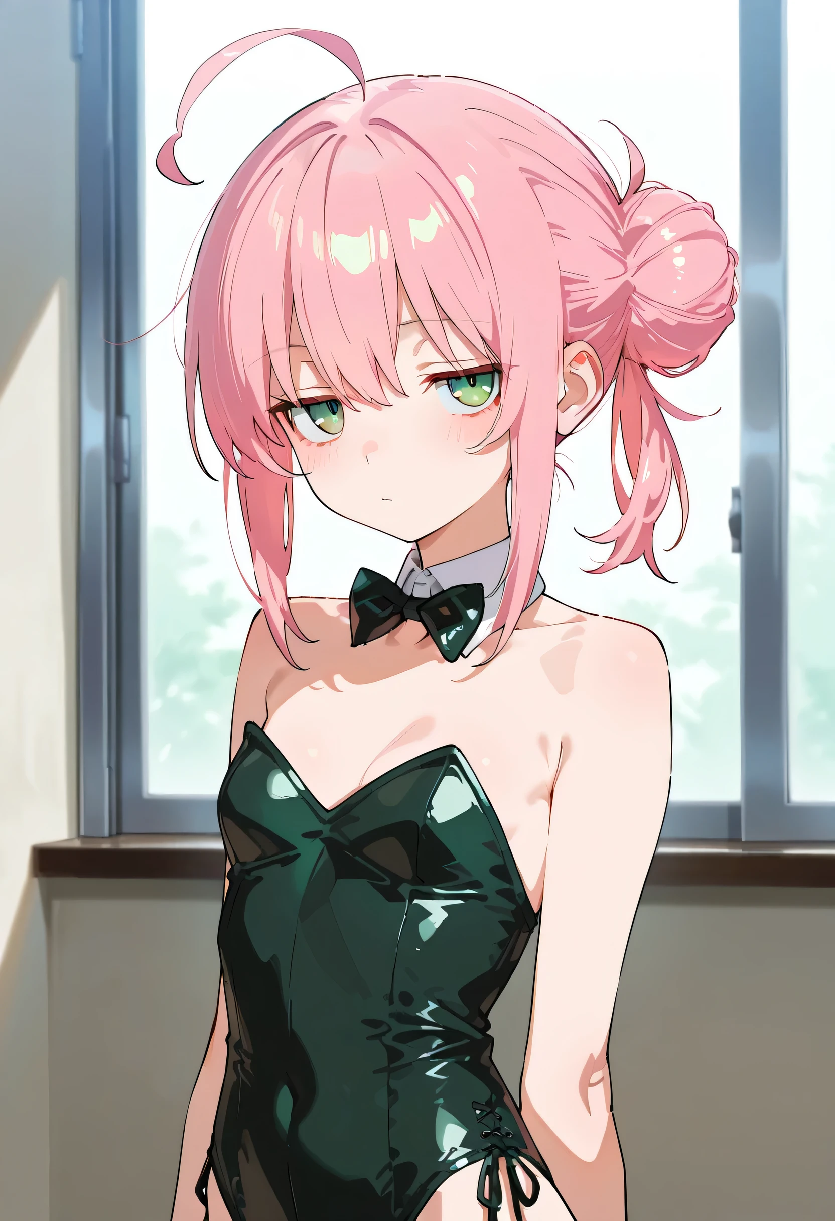 748cmstyle, masterpiece, best quality, amazing quality, anime screencap grinning, flushed, looking at viewer, ponytail, bun hair, ahoge, pink hair, green eyes, jitome, slim, bunny girl