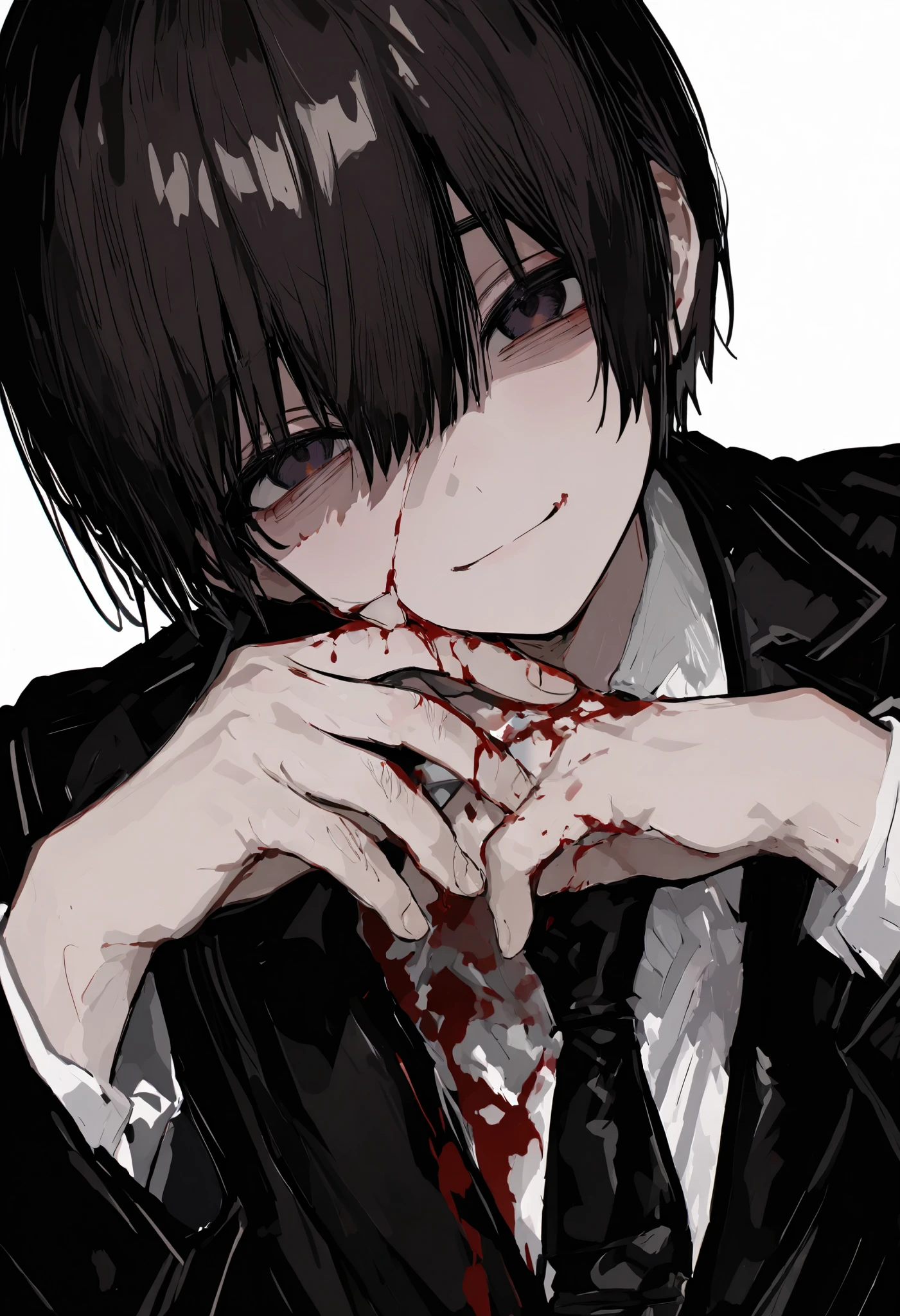 masterpiece, TOP QUALITY, 748cm style , One Boy , is young, white background on hand hair, ( suit:1.1), tie, dark hair, dark eyes, smile, (Blood on Clothes :1.1), white background on hand hair, bloody hands , blood on the face,