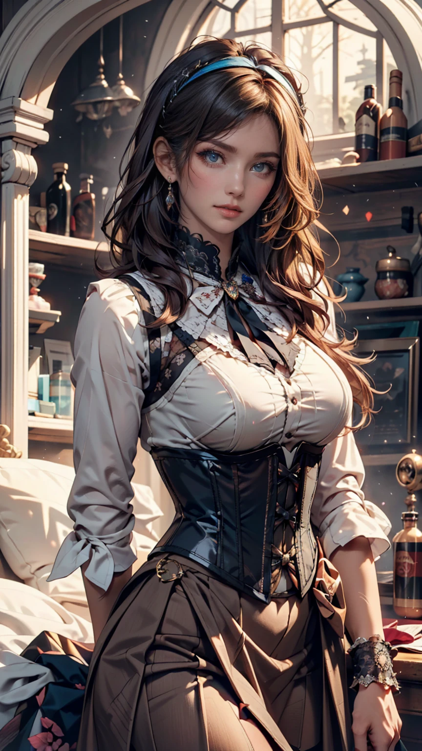 people々Image of a woman in her 50s wearing a white dress standing in front of, 70s Sci-Fi Art, Attractive brown haired woman, Movie stills, Hypermaximalist, Promotional Rendering, By Menez, Cosmic Bjork, steampunk, Velma, Mars Attacks, Around 1970, cp2077、Cleavage Emphasis、Nipple swelling emphasis、Side-swept chignon((good site))