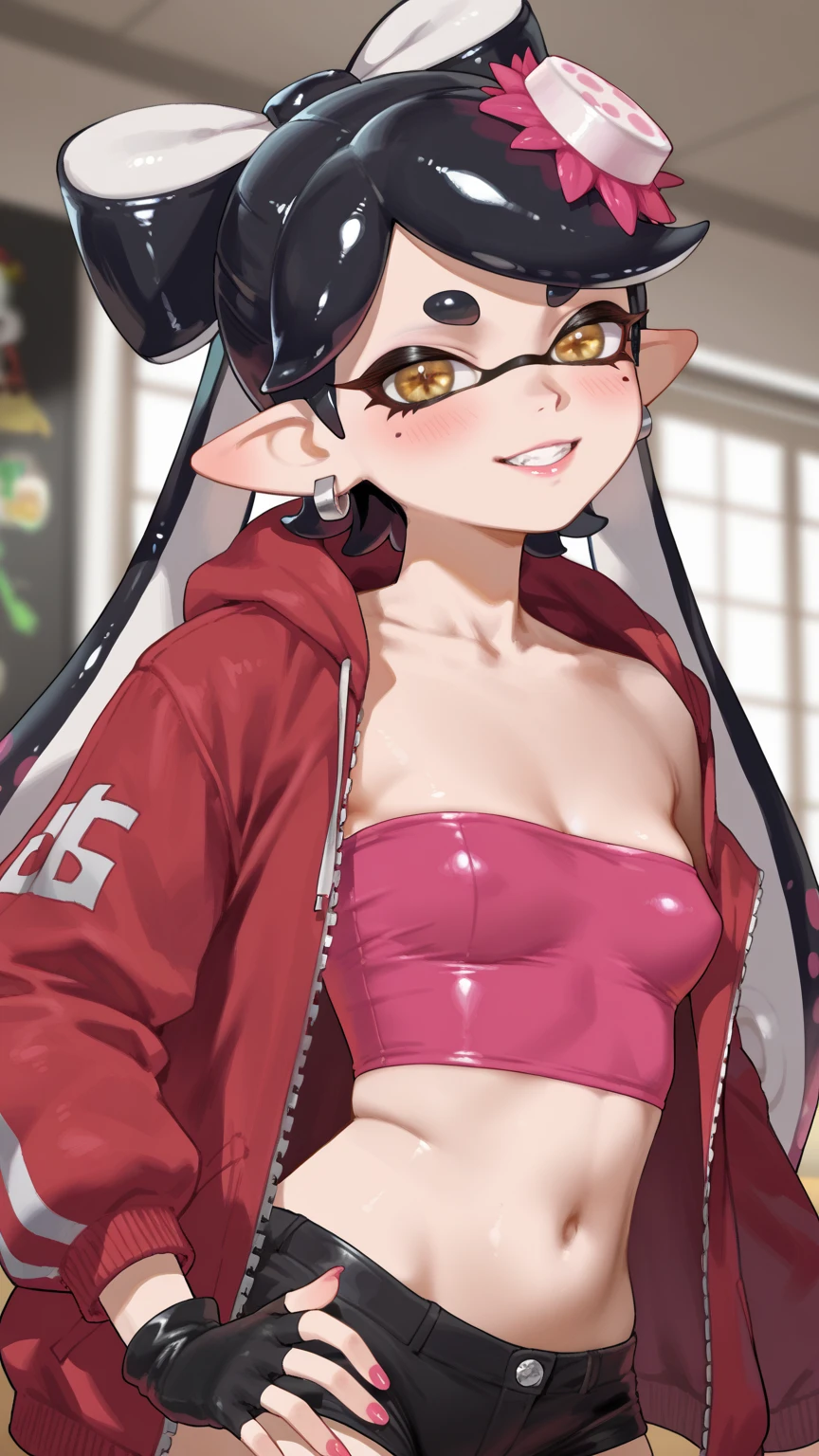 (masterpiece, best quality, amazing quality, very aesthetic, absurdres, ultra-detailed, newest, good anatomy), callie form splatoon, punk_rabbit_girl, goggle, red jacket, tube top, rabbit ear, black punts, Fingerless gloves,  very detailed face),callie form splatoon,small breast