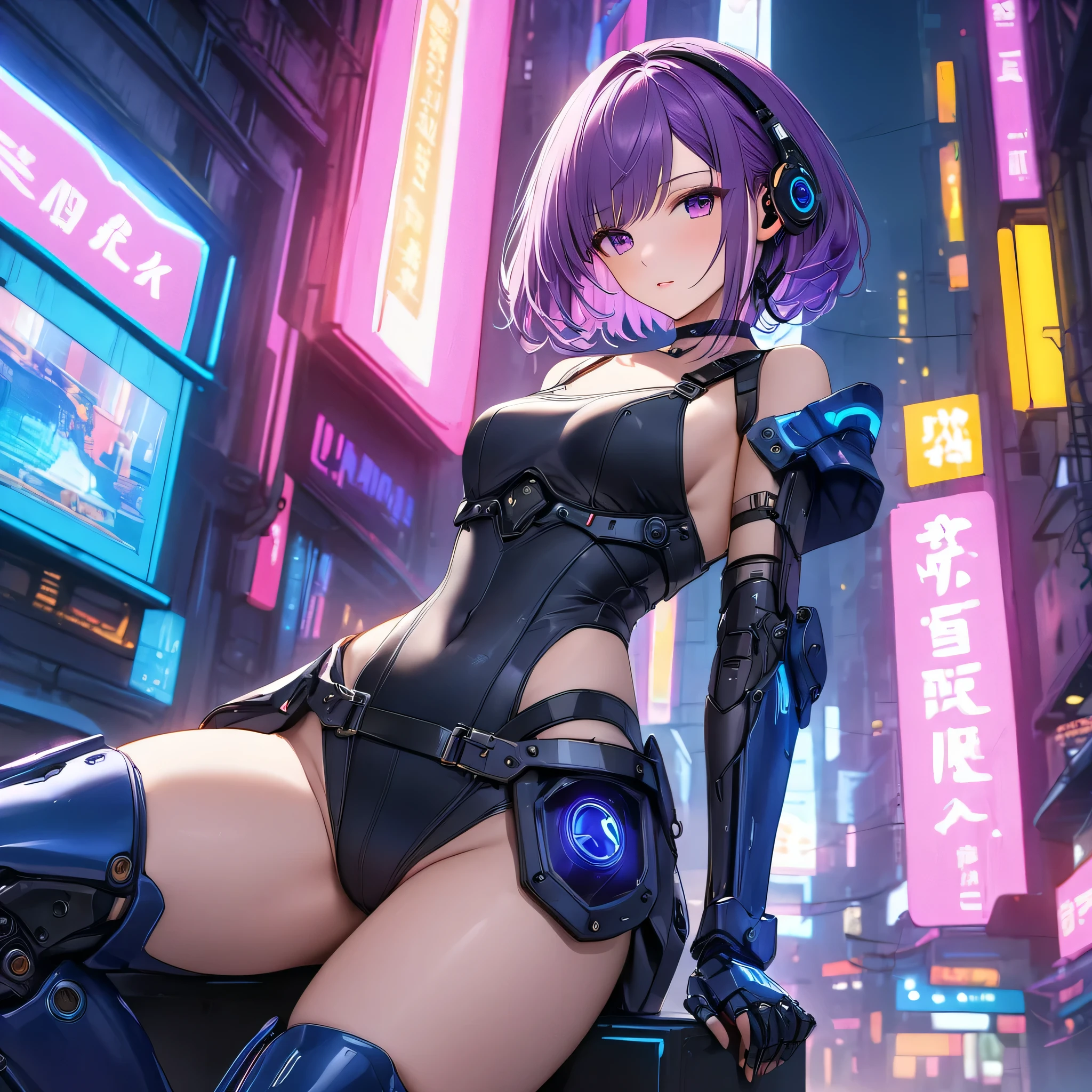 Female cyborg wearing headphones、A little broken、1 female、Big Breasts、sexy、Moonlight、Unbuttoned、Downlight、full moon、In the rubble、In the ruined city、Butt、Beautiful buttocks、Plump、Sideboob、Half naked、Eyes glowing red