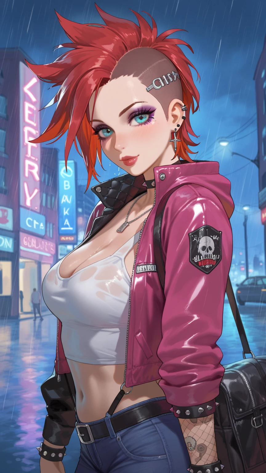 Crimson hair, black highlight in hair, short hair, tomboy, Japanese sleeve tattoo, neat ear piercings, thin tanktop, b cups, no bra, one cigarette in mouth, streetwear, freckle on right boob, night, city background, empty hands, 23-years-old
