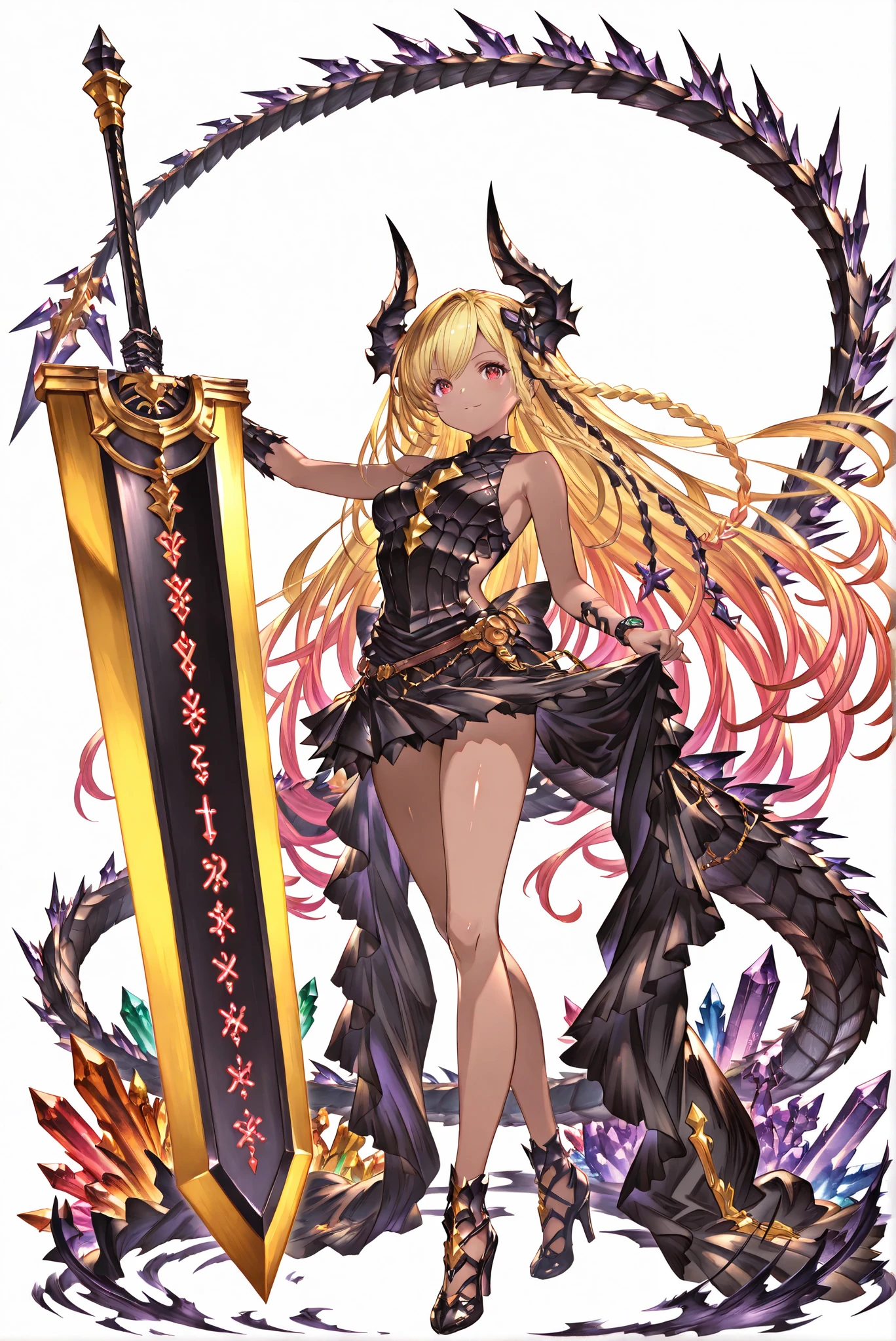 （  stands，whole body，heels，front view，Standing picture，white background:1.7)，HoleHeels，oval/Circle/Thorn/Horn Heels，,Limited Color Palette,Colorful,Vivid Color,flashing silhouette,neon,black light ,watch, masterpiece, Very Beautiful,, shiny skin, golden ornaments, , Granblue_ fantasy, Helel_Ben_Shalem, dark skin, Blonde, long hair, braid, red eyes,scrystal dragon girl
,, 龍殺手之sword-II.v1.0, holding - dragon slayer, Giant Weapon, sword, holding sword, armed,, dragon girl, crystal dragon girl, black dragon tail, Black Dragon Scale , black dragon horn,  Flashing Runes ,  magic 】,Cute face,  Flashing Runes 
,Amethyst,whole body 