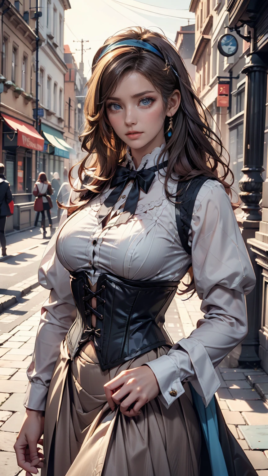 Realistic photo of a young Sophie Marceau, on a crowded street in 18th century Paris, snow falling, full moon, sunset, with carelessly disheveled hair gathered in a complex bun, with a light tan, with a perfect figure, in a musketeer costume, in boots above the knee, in black tight leather trousers, in long black leather gloves, jewelry, charming, attractive image, sparkle in the eyes, flawless facial expression, beauty dynamics, play of light, professional photography, high quality-high-quality 1064k image with high screen resolution, photo masterpiece, exclusive photography, model, full frame, symmetrical, hyperrealistic, dynamic lighting, fantastic art, masterpiece