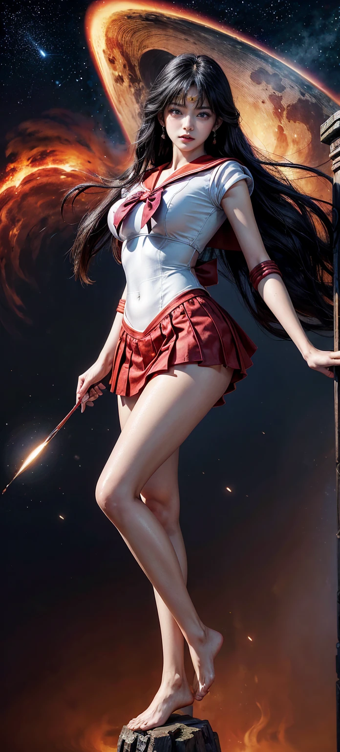 Sailors mars, sailor moon dress, white dress red skirt, revealing clothes, big boobs, gigantic boobs, busty sailor moon style, sailor mars cosplay, correctly rendered limb, match body proportion with head, perfect body proportion, correct body proportion, perfect body proportion