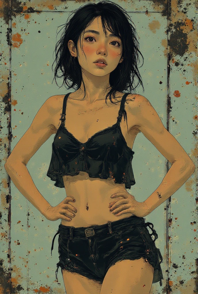 sexy girl, jeans and tank top, small breasts, marked nipples, the art of eroticism, tmari, sketch, traditional media, pen drawing, white background (art inspired by Bill Sienkiewicz). oil painting)