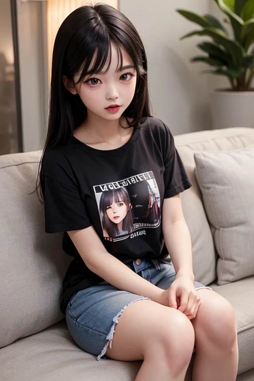 top-quality，Knees，Lowered eyebrows，poneyTail，Black T-Shirt Dress，(embarrassed from，red blush)，( girl)