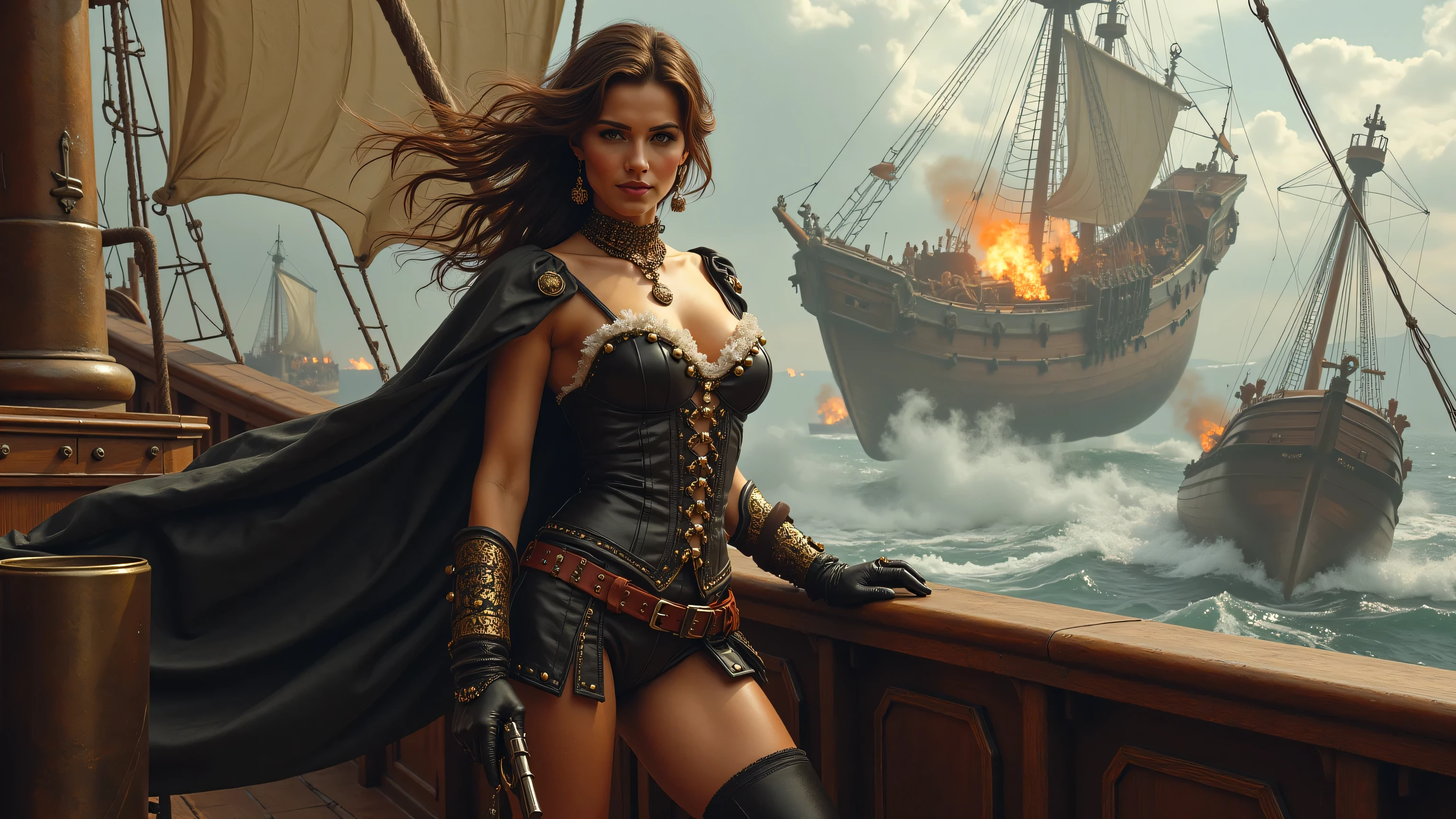 a portrait of a woman vampire pirate queen on a pirate ship ready for battle, ((full body: 1.5)), ((anatomically correct: 1.5)), (ultra detailed face: 1.2), looking tense, looking dangerous, dynamic eye color, glowing eyes, dynamic hair color, dynamic hair style dynamic skin complexion, wearing 18th century white button shirt, with ((stains of blood: 1.3)), busty , wearing wearing high heeled boots, it is night time at sea, moon is high, some clouds,18th century pirate ship background, vibrant, Ultra-high resolution, High Contrast, (masterpiece:1.5), highest quality, Best aesthetics), best details, best quality, highres, 16k, (ultra detailed: 1.5), masterpiece, best quality, (extremely detailed) RAW, (ultra details, Masterpiece, best quality), Hyperrealism style, holding sword, Intense gaze, holding sword rapier, vampire teeth, BloodSoakedAI, holding sword, Dark Art Painting Style