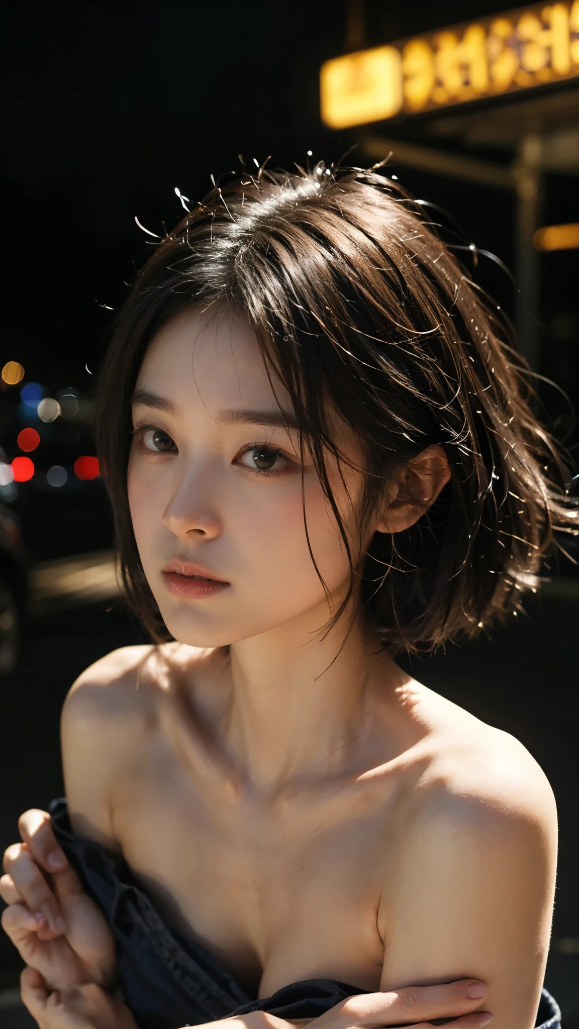 masterpiece, 8k, photorealistic, Optimal ratio, detailed faces, ((Spectator monitoring)), , realistic, Shapely bust, slender body, The upper body faces forward, Detailed, Beautiful Hair , fine skin, RAW Color Art, diffused soft lighting , sharp concentration, Cinematic Lighting、((frown、 open your mouth 、squinting))、 kimono、 Japanese beauty、( short straight bob hair , Bangs cut ,brown hair on both arms)、 night view of New York 、、 blur the background、 upper body photo 、 nudes、nsfw