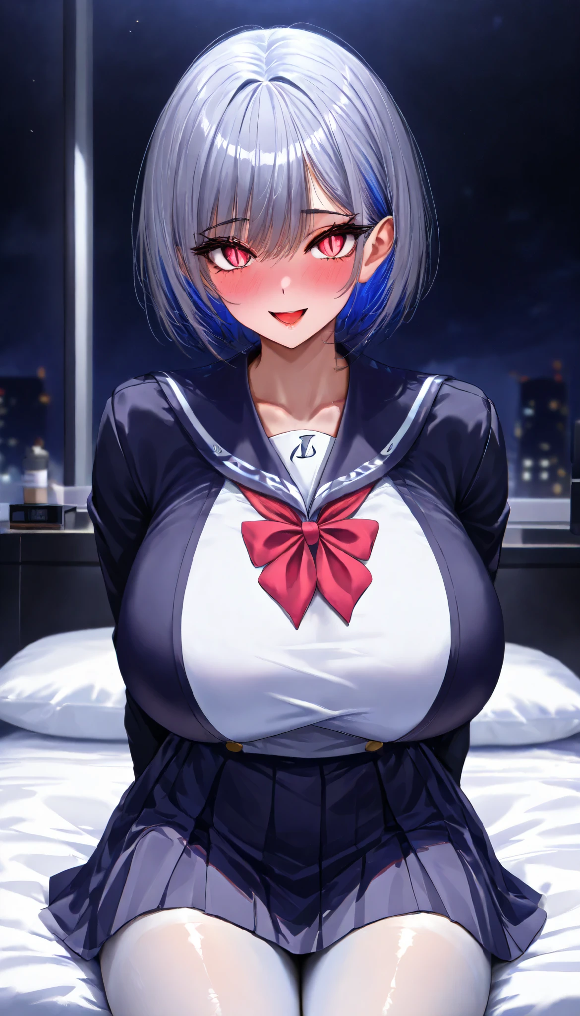 SOLO, A Female ,Perfect body ,big oppai, Shiny skin, (multicolored hair, short hair), Pink insect eye,red slit pupils, Sitting on a Lux bed, (Wearing A White Short JK Uniform), White Silk pantyhose, In A Apartment room, (V-sign), Torogao, Yandere, Midnight, UHD, anatomically correct, masterpiece, textured skin, high details, highres, 1080P, 16k, accurate, textured skin, best quality, Beautiful face, Perfect face, Highly detailed beautiful face and eyes, Attractive face, Detailed face, Delicate facial features, Detailed skin,Cowboy shot