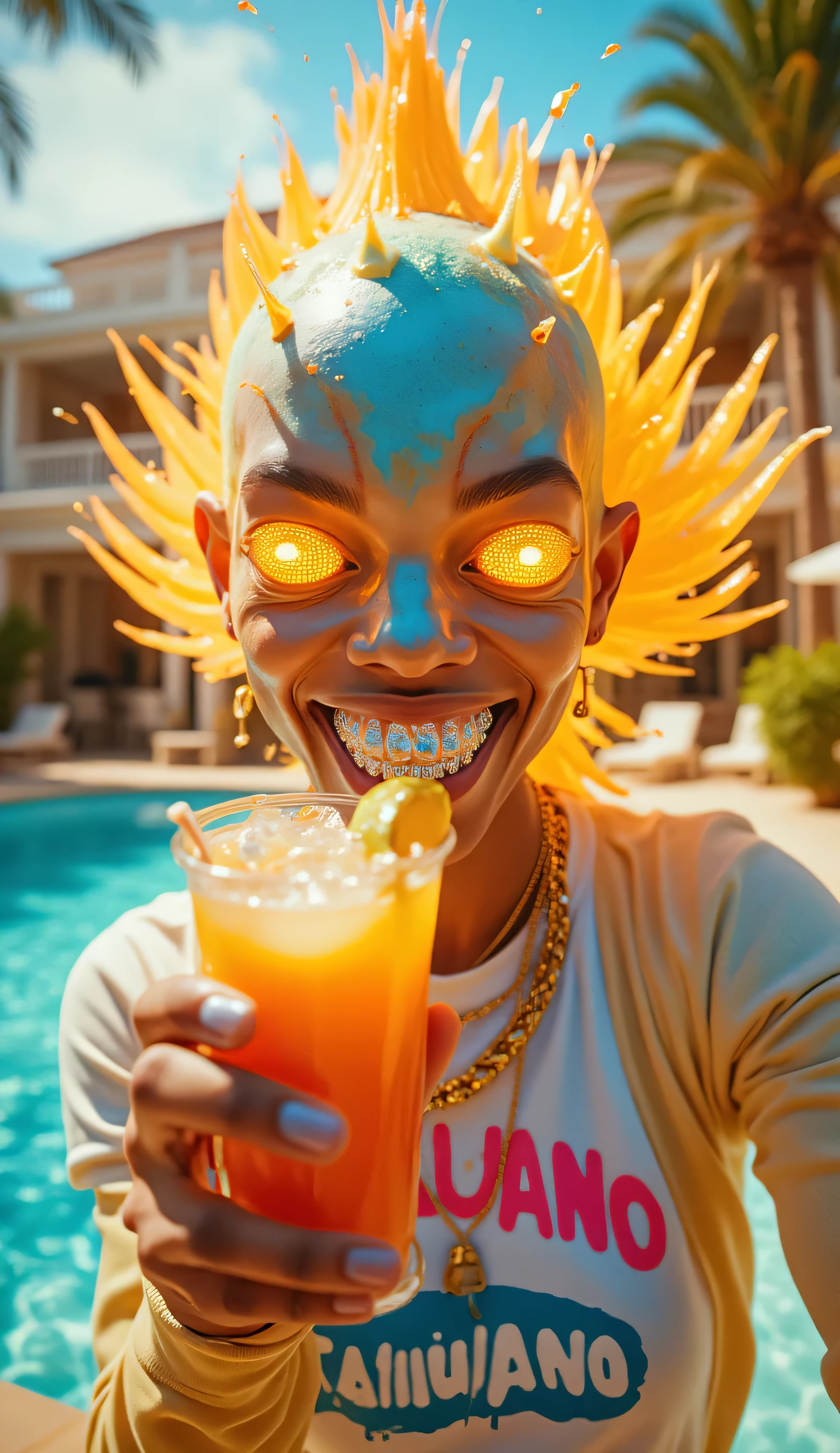 gr!llz, in the style of Jed-clrfl, overexposed photograph An ultra-realistic, first-person view (FPV) of human-like breathtakingly beautiful character inspired by sci-fi aesthetics. The perspective shows the viewer's hands reaching forward, one hand holding an intricately detailed tropical fruit and icecream drink. Perfect hand, Detailed hand, The character has luminous peacock skin, wearing Streetwear with shirt underneath with bold text that says "Talijuano"::7.6 , bold gold chain.The character enveloped in intense energy::8.2 . Their face is obscured by the overwhelming glow, emphasizing the sheer power they are unleashing. The background is a mansion pool party in the daytime.
. The lighting is realistic and cinematic, emphasizing the glowing accents, reflective surfaces of the drink, and the characters' detailed features. smiling into the camera, fish eye lens realistic photograph with a wide smile, its teeth are encrusted with shiny platinum diamonds. diamonds dance and twinkle in the light, enthusiastic laugh,