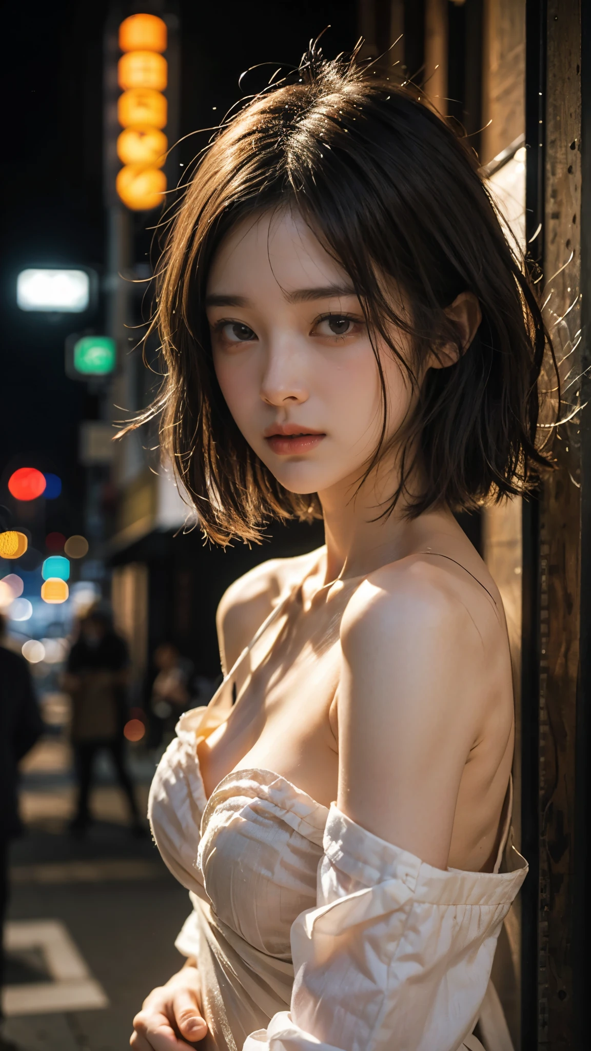 masterpiece, 8k, photorealistic, Optimal ratio, detailed faces, ((Spectator monitoring)), , realistic, Shapely bust, slender body, The upper body faces forward, Detailed, Beautiful Hair , fine skin, RAW Color Art, diffused soft lighting , sharp concentration, Cinematic Lighting、((frown、 open your mouth 、squinting))、 kimono、 Japanese beauty、( short straight bob hair , Bangs cut ,brown hair)、 night view of New York 、、 blur the background、 upper body photo 、 nudes、nsfw
