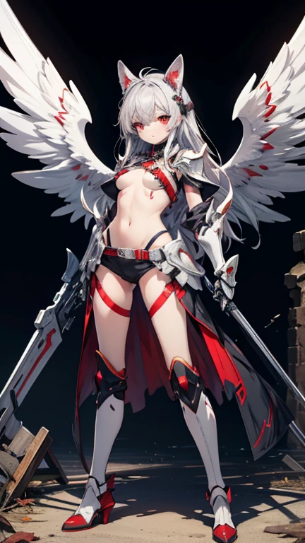 long  white hair，looks away，are standing，embarressed，Be red in the face，Keep one's mouth shut，Clamp your legs，Fleshy legs，A white halo on the head，There are black particle wings on the back，Wear white stockings，exposing your navel